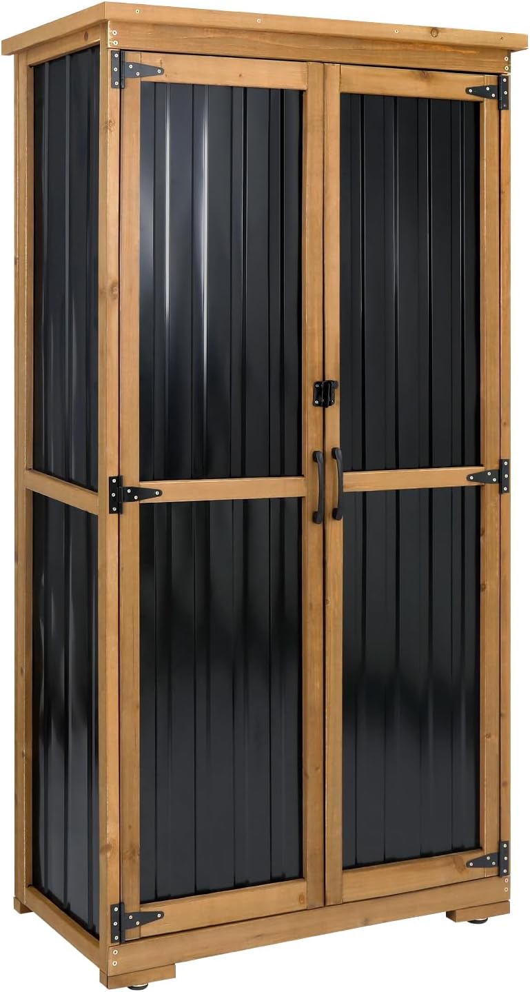 Outdoor Storage Cabinet Wood & Metal with Waterproof Roof, Garden Tool Shed with 3 Removable Shelves, 4 adjustable reinforced feet with metal brackets, 6 T-Hinge, magnetic door,15.6