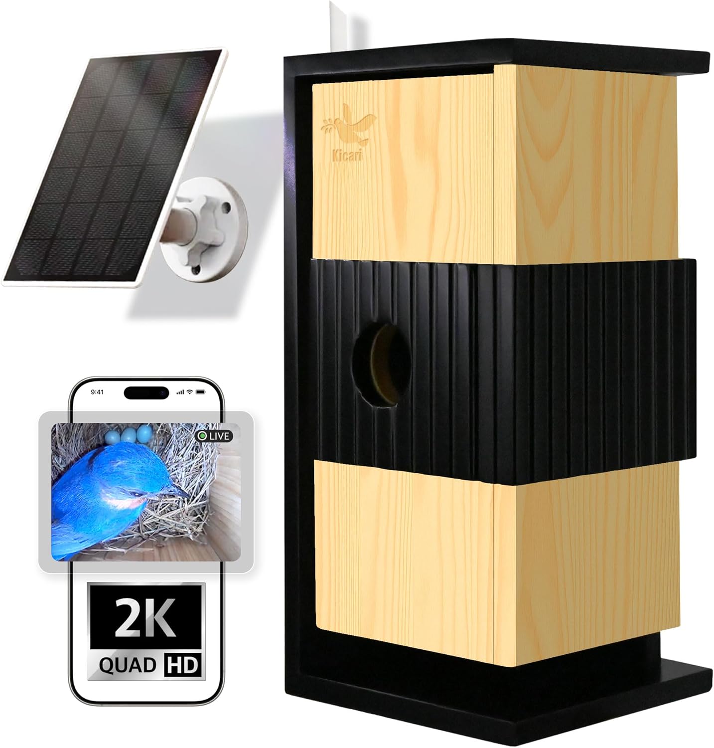 Bird House with Camera 2K HD, Solar & Battery Powered, Dual Night Vision, PIR Motion Sensor, Two-Way Audio, WiFi App Control, Smart Weatherproof Wooden Bluebird Nest Box for Outdoors, Natural