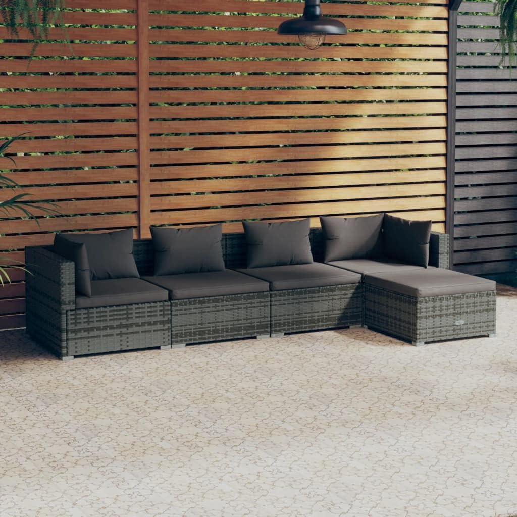 5 Piece Patio Lounge Set with Cushions Poly Rattan Gray,Modern 7Piece Outdoor Patio Lounge Set with Water-resistant Rattan and Comfortable Cushions Patio Furniture Sets, Outdoor Furniture Sets