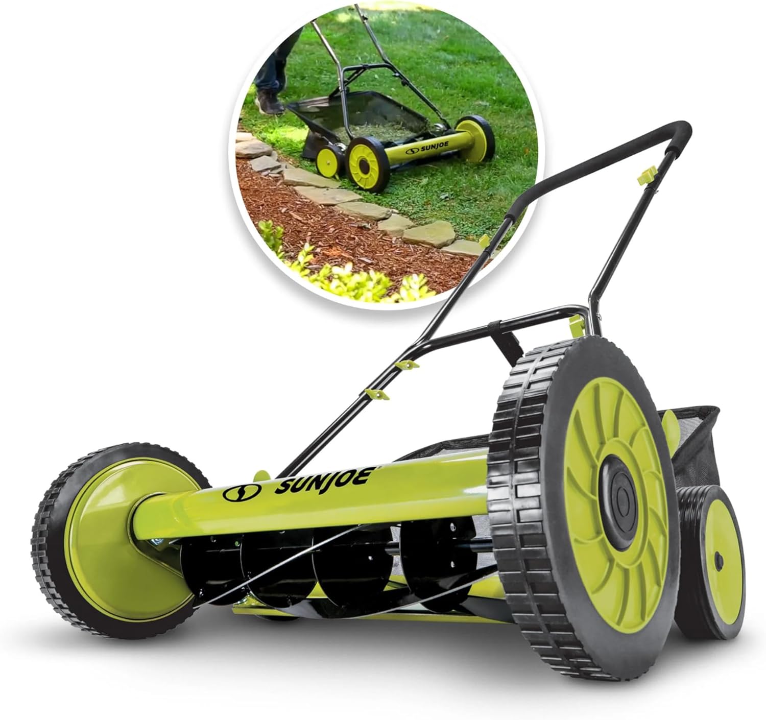 Sun Joe MJ502M Reel Mower w/ 8.5-Gallon, 9-Position Height Adjustment, Foam Grip, Compact Design, Green, 20-Inch Manual w/Grass Catcher