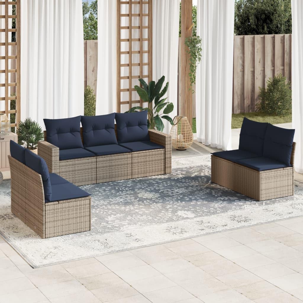 7 Piece Patio Sofa Set, Gray Poly Rattan Outdoor Sectional Couch with Navy Blue Cushions, Modular Garden Furniture for Backyard Terrace