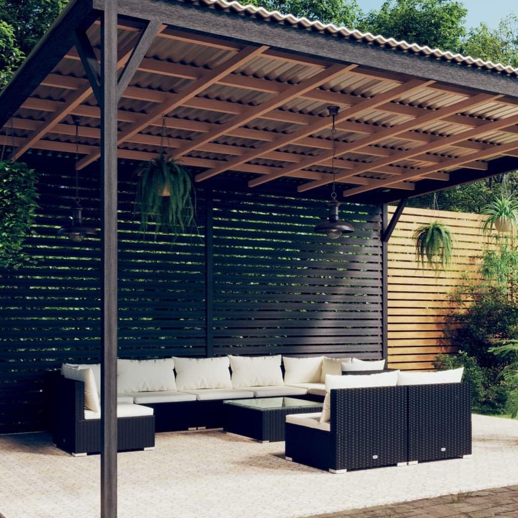 Garden Lounge Set Black PE Rattan, Powder-Coated Steel Frame, 10-Piece Modular Outdoor Table and Chairs Patio Furniture Set, Balcony Garden Terrace