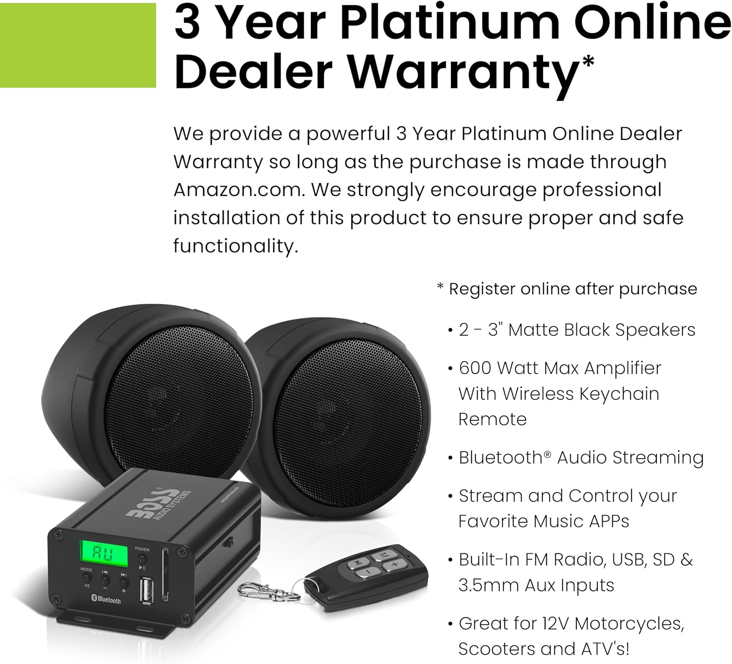 BOSS Audio Systems MCBK520B Motorcycle 3 Inch Stereo Speakers and Amplifier Audio Sound System - Bluetooth 2 Channel Amplifier, Weatherproof, FM Tuner, USB, SD, Auxiliary In, ATV UTV Compatible