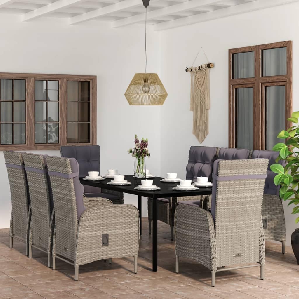 9 Piece Patio Dining Set with Cushions Gray and Black,Outdoor Patio Dining Set: 8Piece PE Rattan Chairs with Glass Tabletop for Comfortable Outdoor Relaxation Furniture Sets for Patio, Lawn & Garden