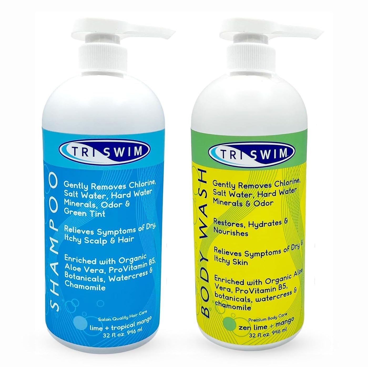 TRISWIM Swim Shampoo and Body Wash Bundle 32oz Bottles with Pump | Removes Chlorine, Saltwater, Hard Water, Bromine & Odors | Hydrates Hair & Skin - with Aloe Vera, Pro-Vitamin B5