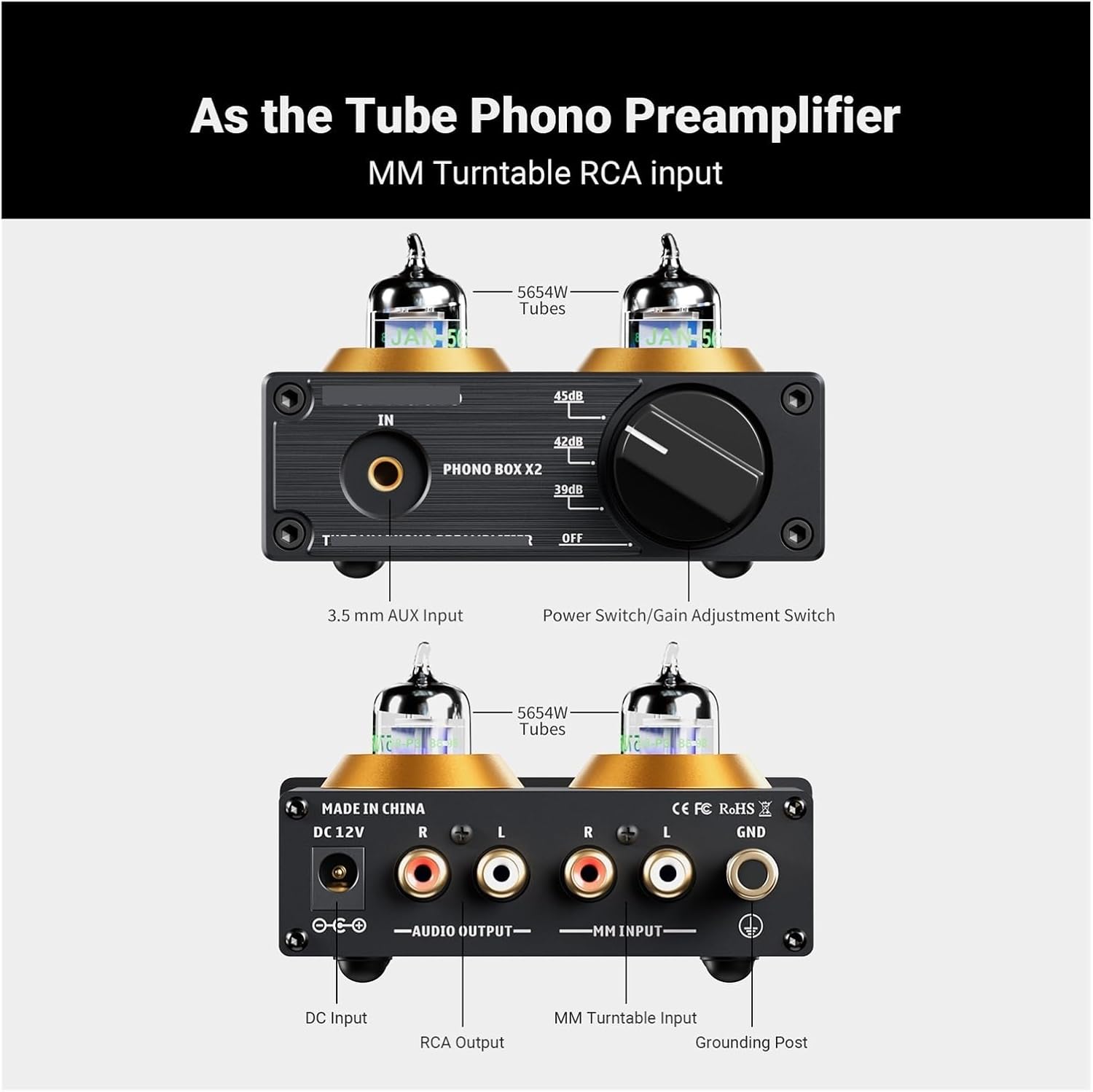 Phono Preamplifier for Turntable Phonograph Preamplifier Mini Stereo Audio HiFi Tube Amplifier Box X2 Suitable for DIY(Box X2 with 5654W)
