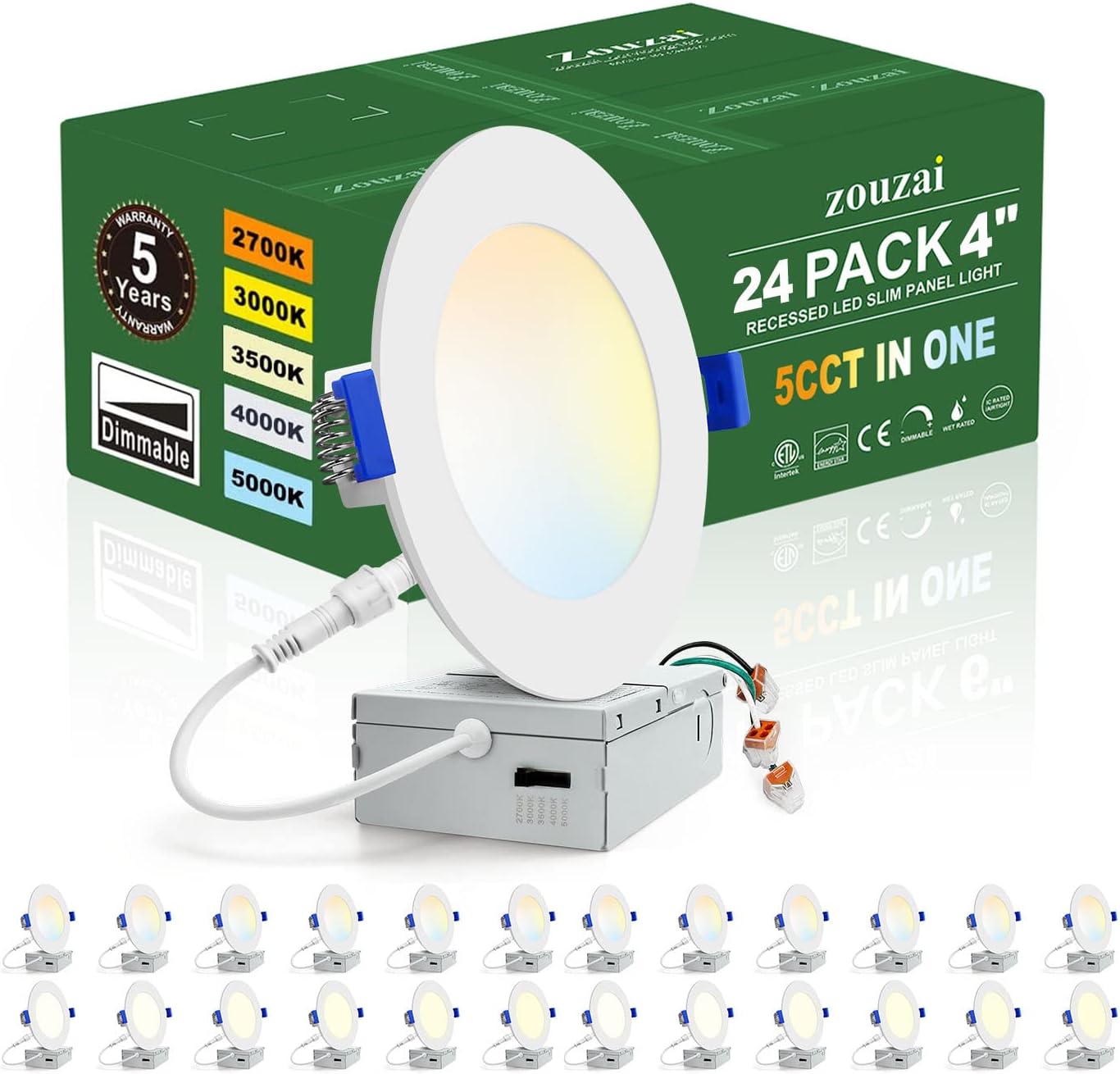 zouzai 24 Pack 4 Inch Ultra-Thin LED Recessed Ceiling Light with Junction Box 5CCT Adjustable Dimmable Can-Killer Downlight - ETL and Energy Star Certified (24 Pack 5CCT White, 4 Inch)