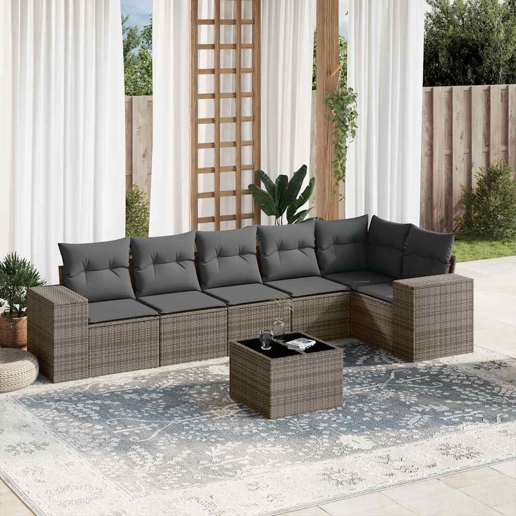 7-Piece Gray Poly Rattan Garden Sofa Set, Modular Outdoor Patio Furniture with Tempered Glass Table, UV Resistant Cushions for Terrace, Backyard