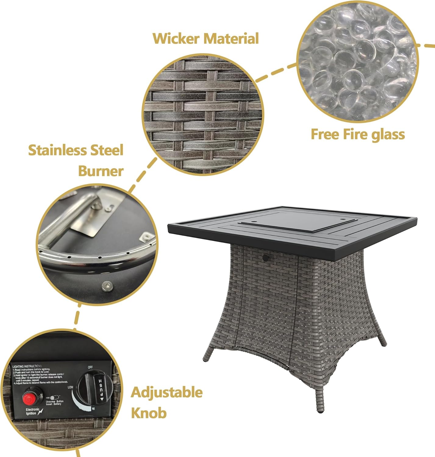 31” Gas Fire Pit Table, 50000 BTU Outdoor Rattan & Wicker Propane Fire Pit Table, with Square Black Steel Tabletop and Rattan Wicker Base, for Outside Patio and Garden