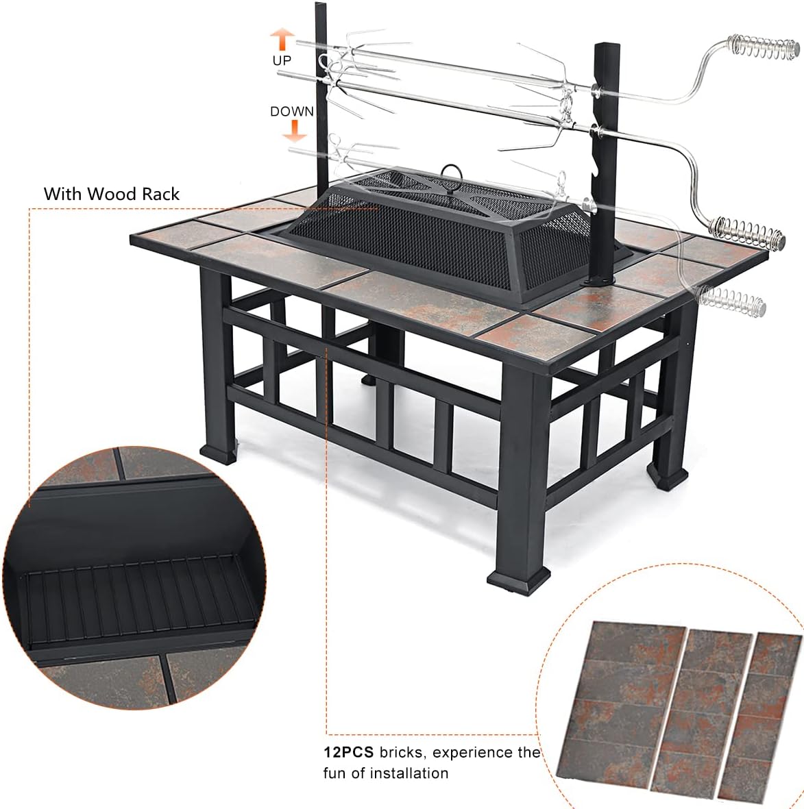 SINGLYFIRE 37 Inch Fire Pit Table with Grill for Outside Large Square Wood Burning firepit Heavy Duty Steel Bonfire Pit Cooking with Spark Screen Log Grate Poker for Backyard Garden Camping