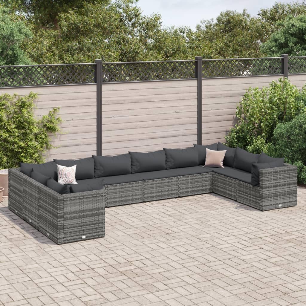 10 Piece Patio Lounge Set with Cushions Gray Poly Rattan,Durable and Versatile Garden Lounge Set for Outdoor Living: PE Rattan and Steel Frame Furniture Sets for Patio, Lawn & Garden