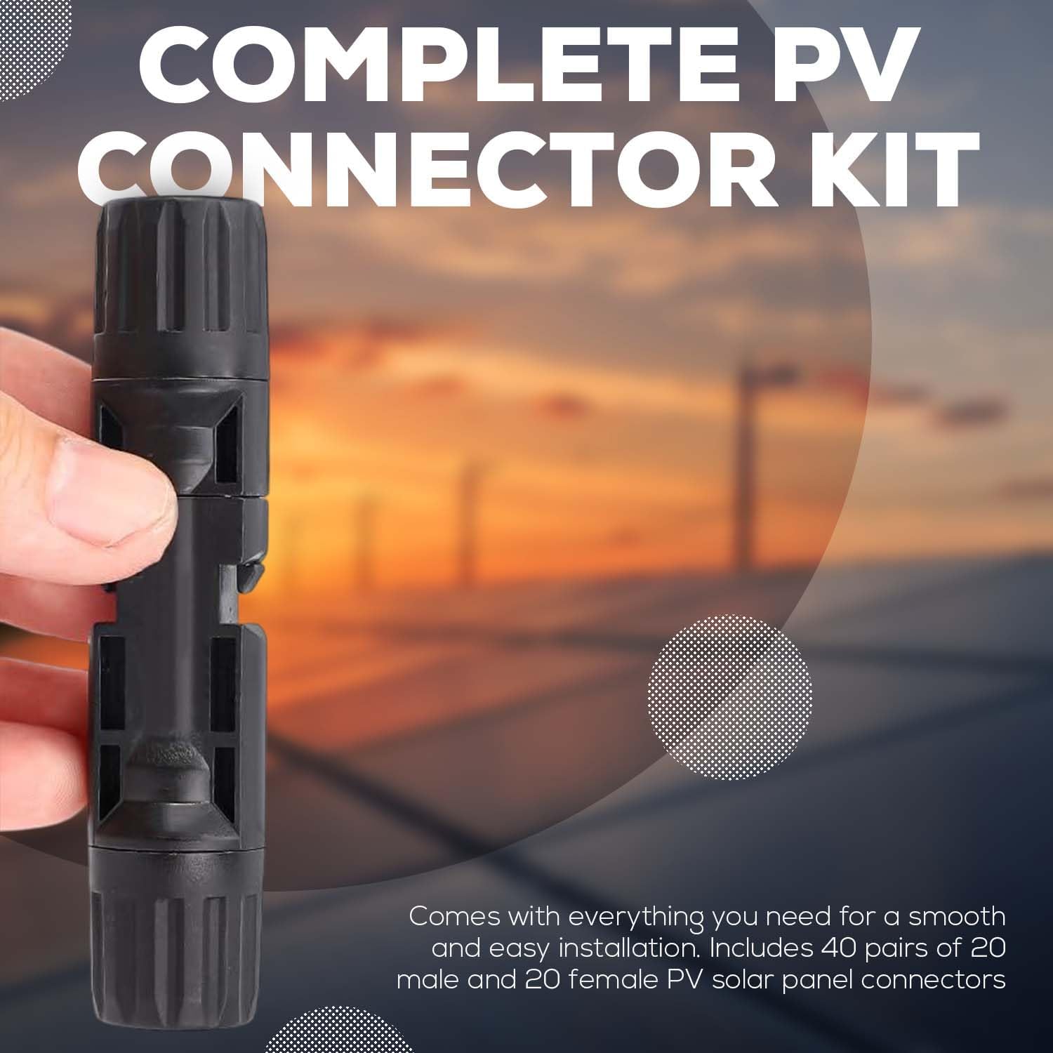 5 Piece Tool Solar Kit | 40 Piece 2 PV Solar Panel 20 Male 20 Female Connector Kit | Compatible with 10 AWG Solar Cable, 30 Amp, 1000V DC, IP67 Waterproof |