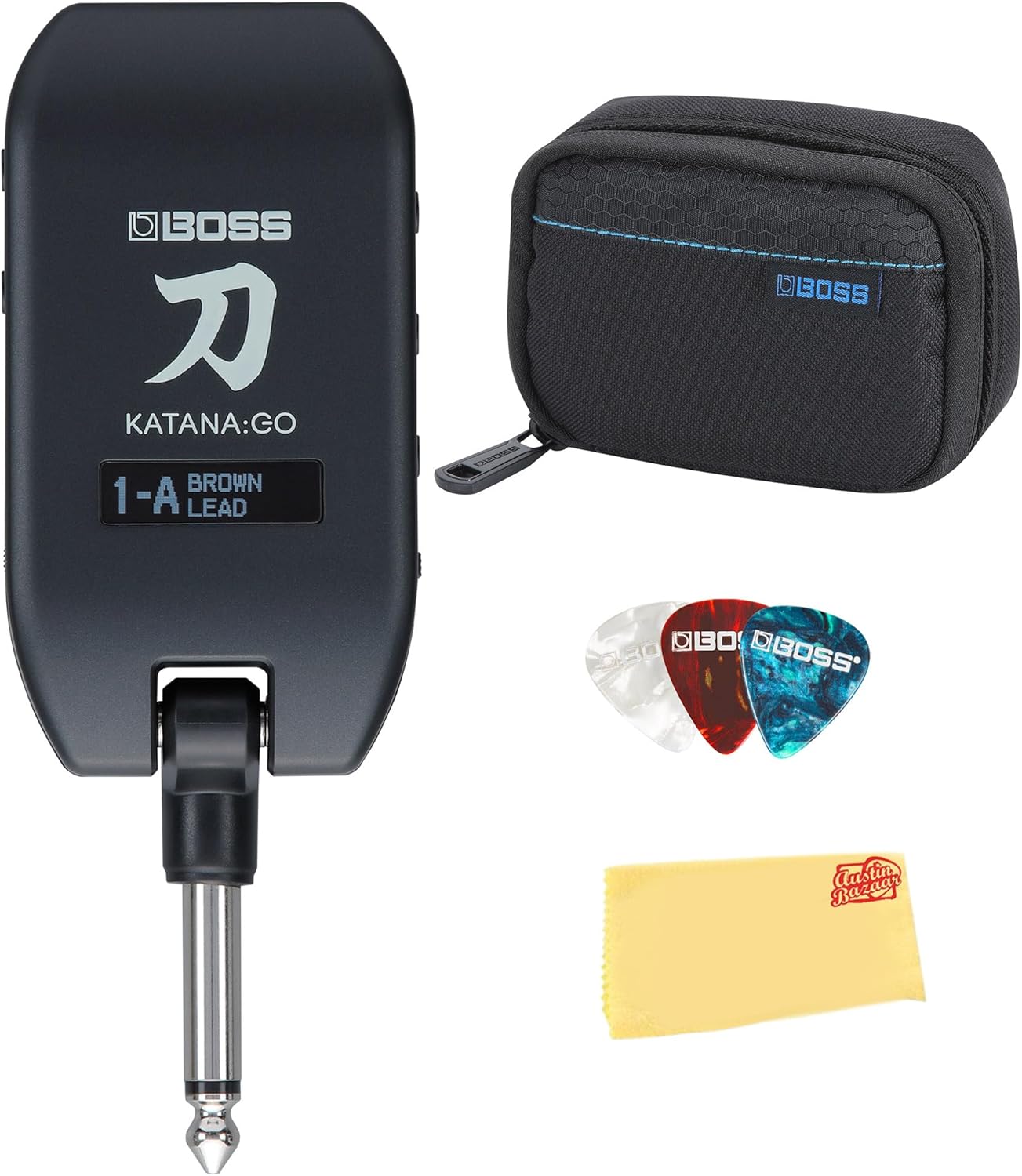 Boss Katana:GO Personal Headphone Guitar Amplifier Bundle with Case, Picks, and Austin Bazaar Polishing Cloth