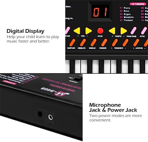 54-Key Electronic Keyboard for Kids, 10 Timbres/10 Tempos, Record/Playback, Microphone & Headphone Jack, 6 Demo Songs, LED Display, Dual Power Supply (Black)