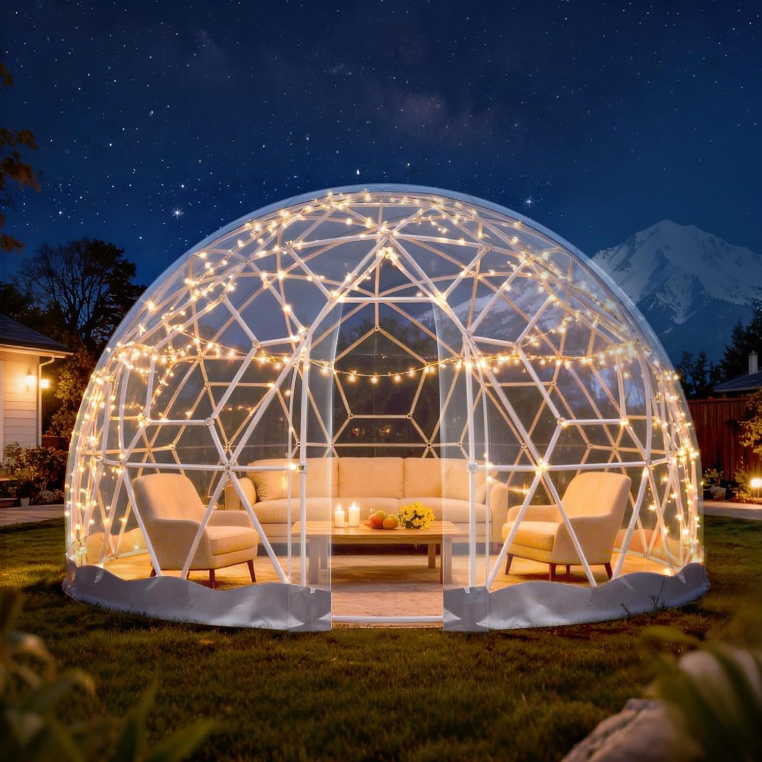 12 * 7.2FT Garden Dome Tent with 2*Lights, Upgraded Weatherproof Garden Geodesic Dome Greenhouse Bubble House Camping Tent with Transparent Cover for 2-6 Person and Window for Outdoor, Party, White