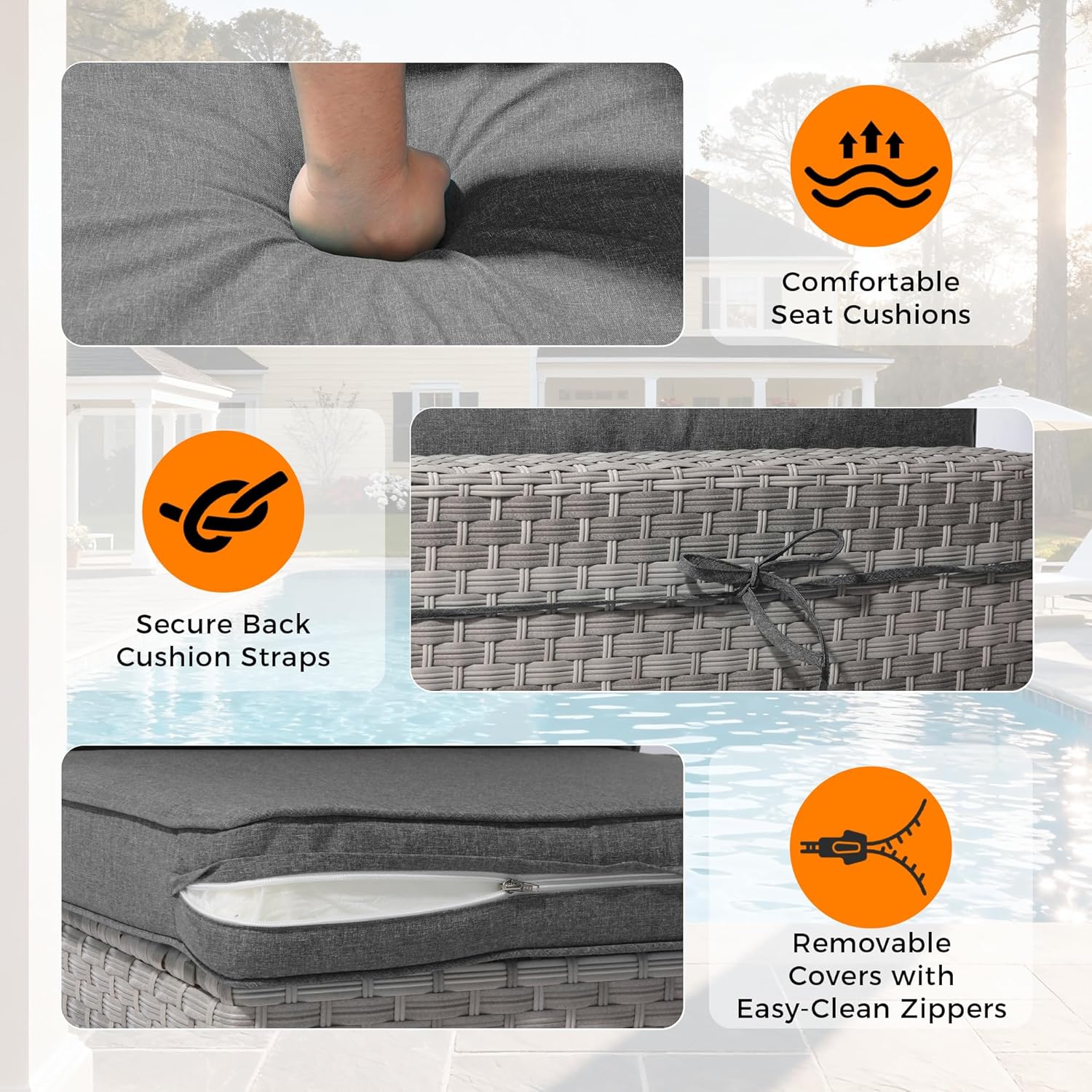 6-Seat Modern Outdoor Wicker Rattan Patio Furniture Set with 55,000 BTU Fire Pit Table, Thick 4″ Cushions, All-Weather Dual-Strand Rattan, Rust-Resistant Steel Frame,Black