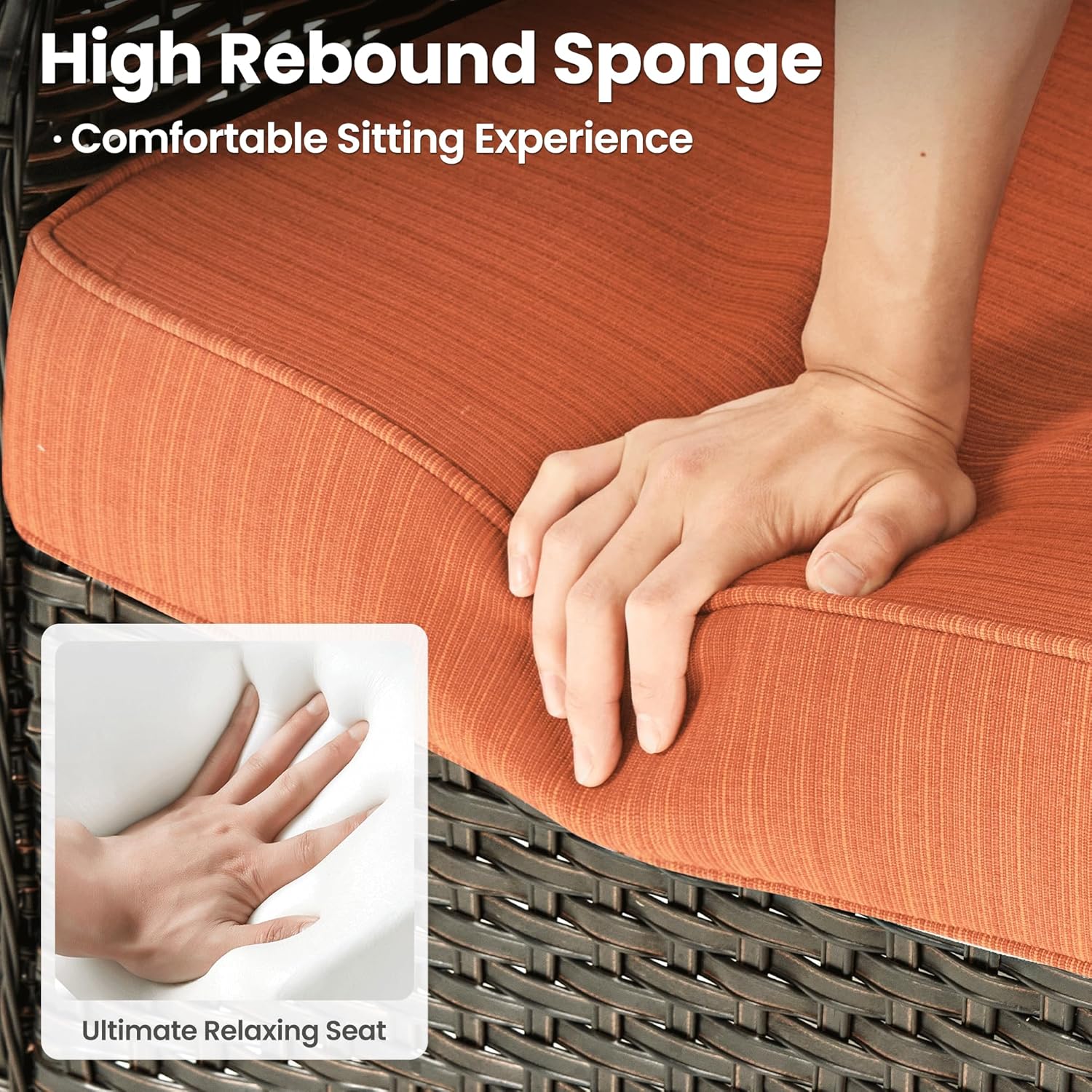 ovios 6-Pieces Patio Furniture Set with 42 Inch Fire Pit Table, Outdoor Wicker Sofa Couch Ottomans Comfy Cushions, High Back Modern Conversation Set, Brown Rattan, Orange Red