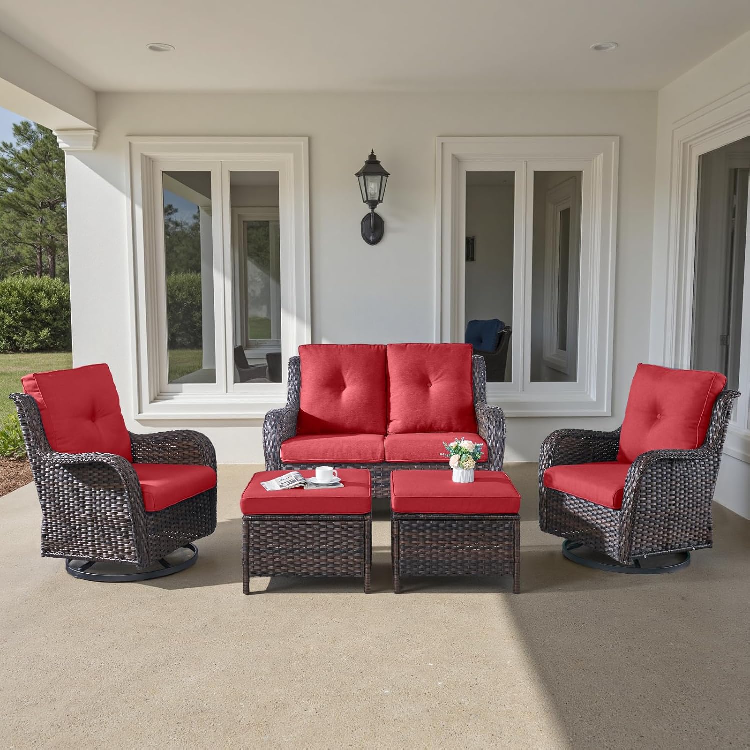 Patio Furniture Set with Swivel Chairs, 5 Pieces Outdoor Wicker Furniture Set with Patio Swivel Rocker Chairs for Patio, Yard, Deck, Porch, Poolside