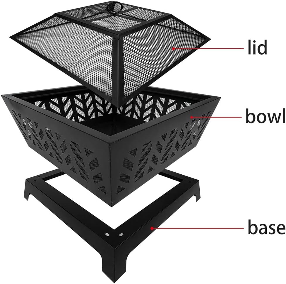 Outdoor Patio Wood Fire 4-Corner Pits 26 Inch Heater Stove with Flame-Retardant Spark Guard Black