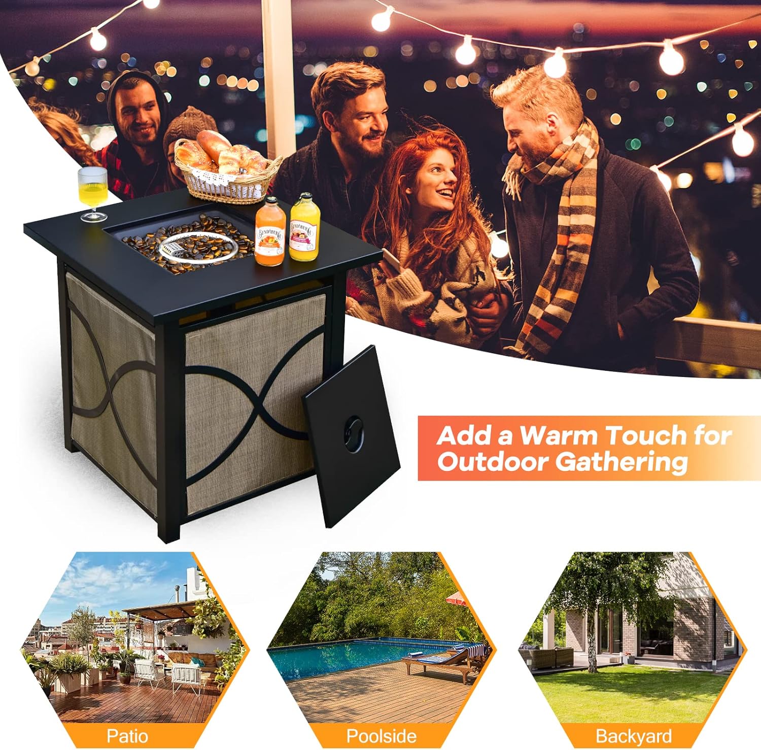 DORTALA 25'' Gas Fire Pit Table, 40,000 BTU Propane Fire Pit Table w/CSA Certification,Square Fire Table with Lid, Fire Glass and Adjustable Flame, Firepit for Patio Deck Backyard, Black & Natural