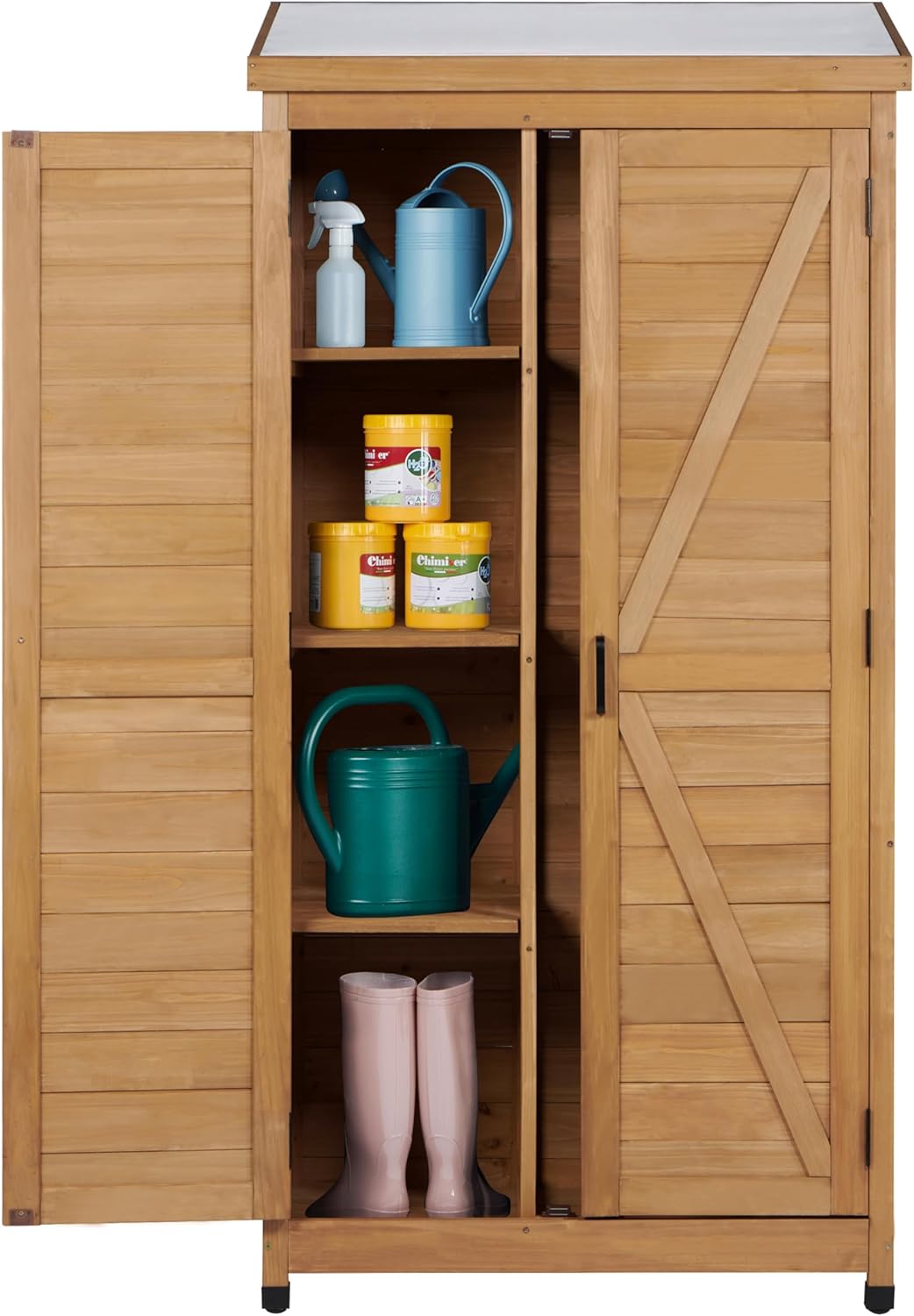 68''x33''x20'' Outdoor Wooden Storage Shed with Metal Top Tall Vertical Tool Cabinet for Backyard Garden Patio Lawn (Gold)