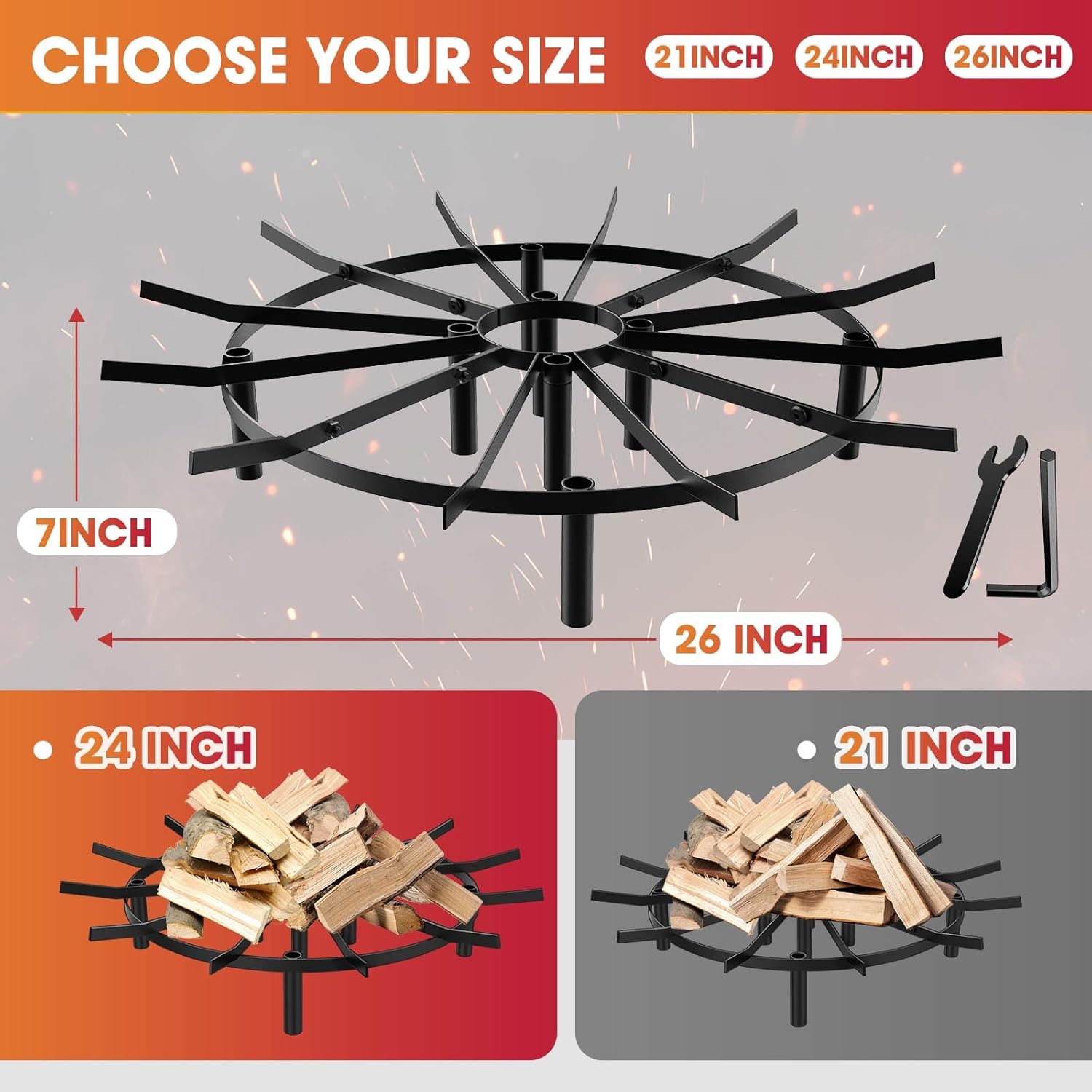 Fire Pit Grate & Fireplace Grate, Heavy Duty Heat Resistant Campfire Grill for Campfires and Outdoor fire pits(Black, 26 in)