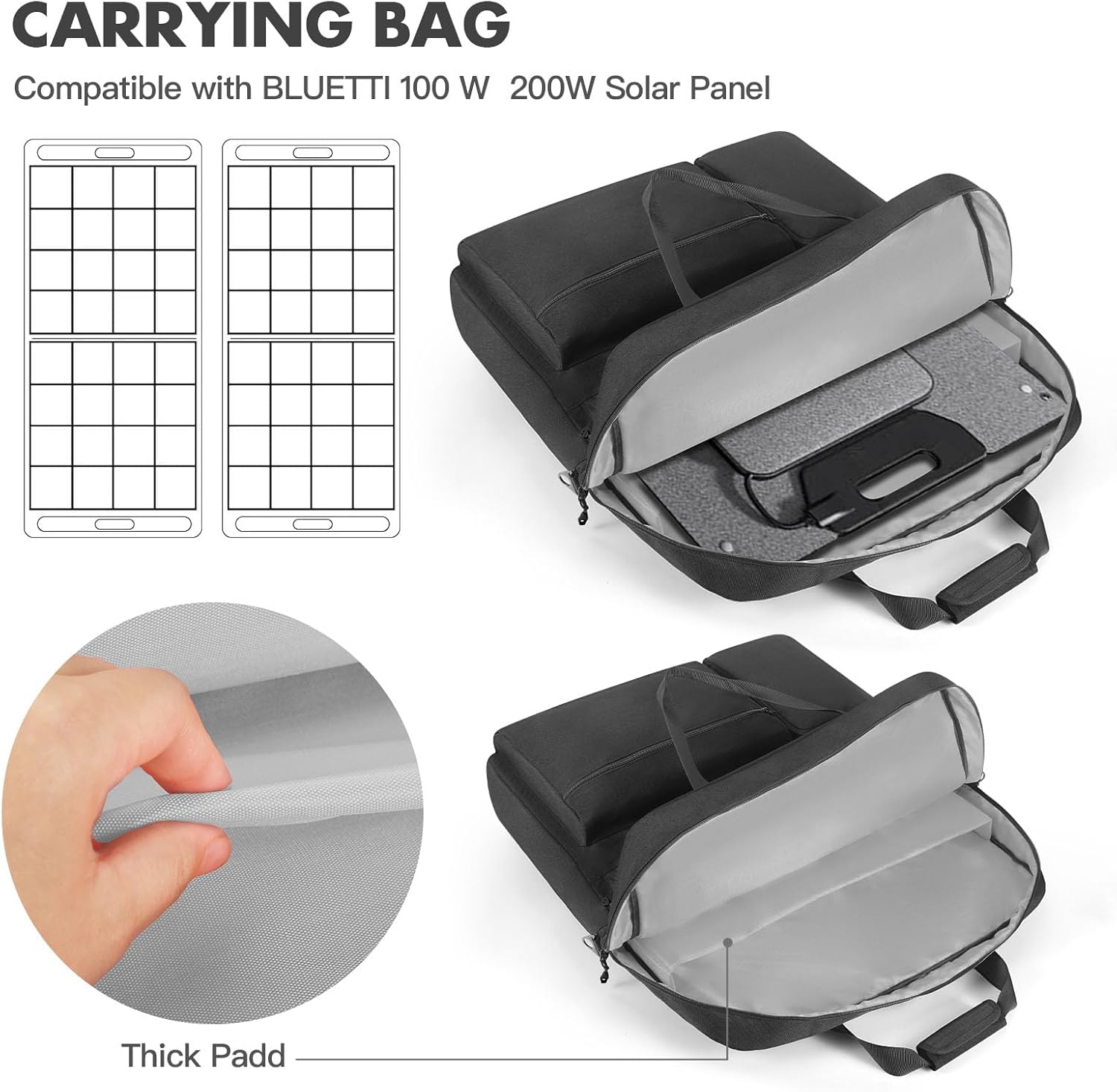 Solar Panel Travel Storage Bag, Carrying Case for ECOFLOW 110W 160W 220W/BLUETTI 100W 200W/Anker SOLIX PS100 100W & PS200 200W/Renogy 100W 200W Portable Solar Panel (Black + Gray)