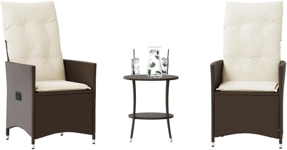 3 Piece Bistro Set with Cushions, Brown Poly Rattan Outdoor Patio Furniture, Reclining Garden Chairs, Round Table for Balcony, UV-Proof