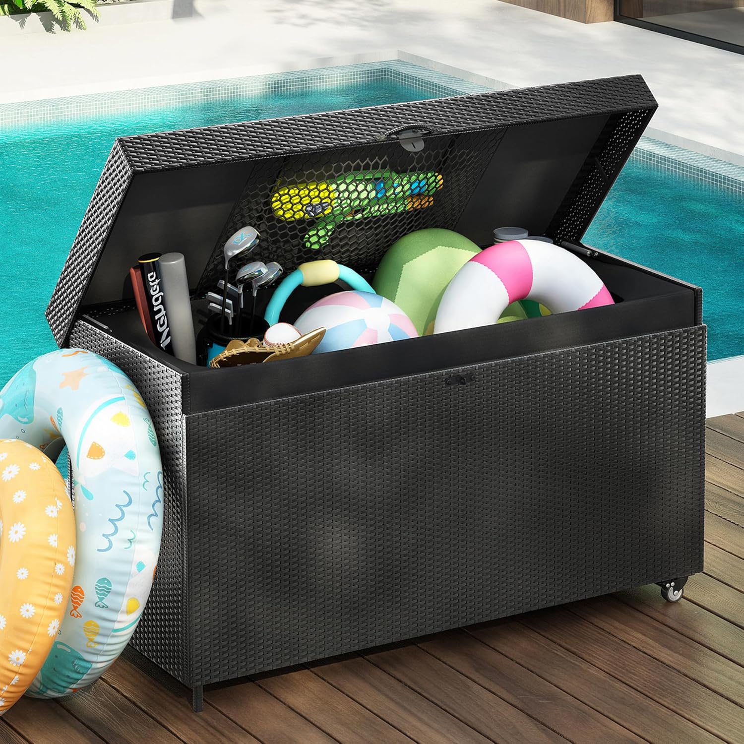 200 Gallon Wicker Deck Box with Wheels, All-Weather Outdoor Storage Box, Rattan Storage Bin for Patio Furniture, Outdoor Cushions, Pool Storage and Garden Tools - Black