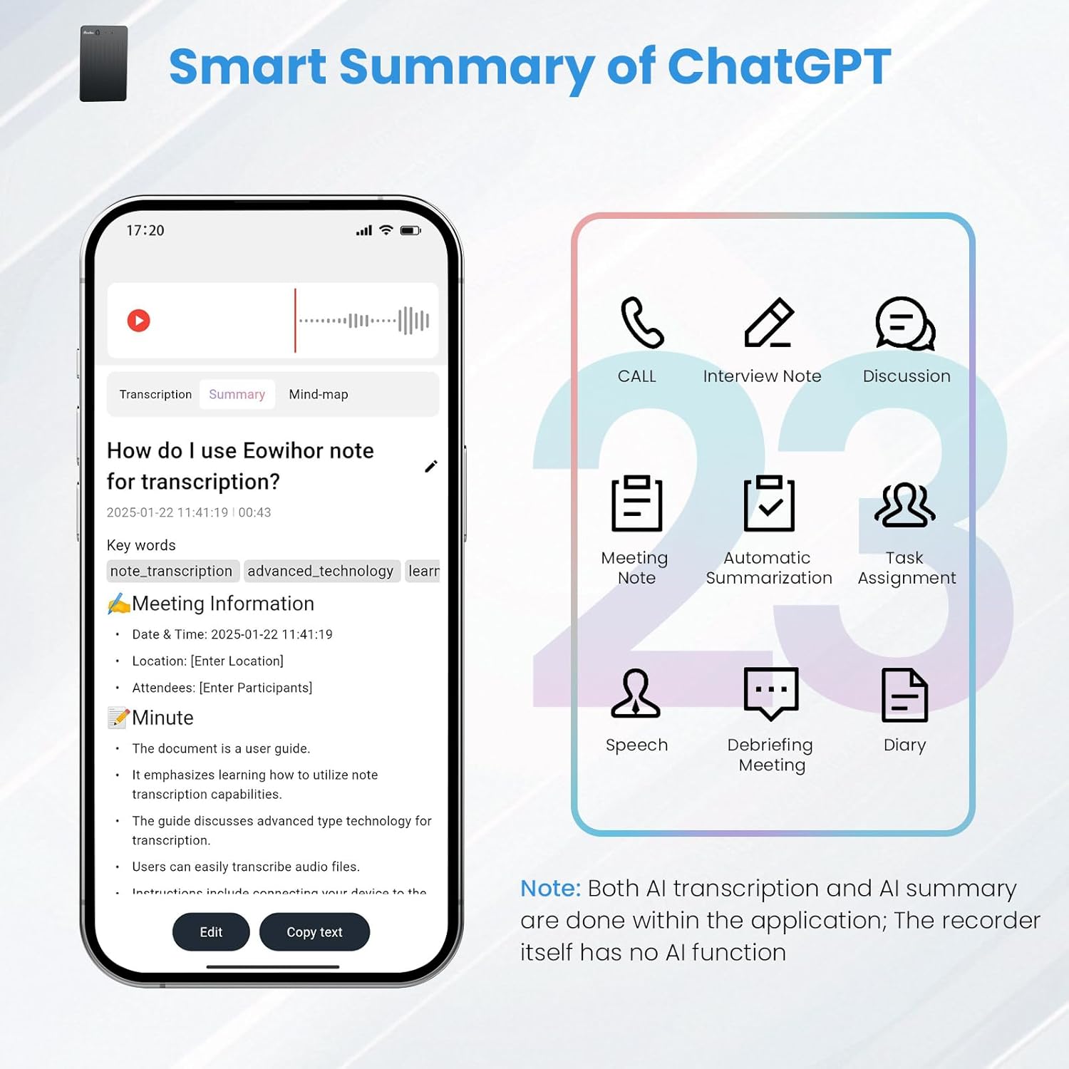 AI Voice Recorder, Transcribe & Summary Voice Recorder with Playback, Digital Voice Recorder Supporting Real-Time Translation in 59 Languages, Audio Recorder for Lectures, Meetings, 64GB Memory