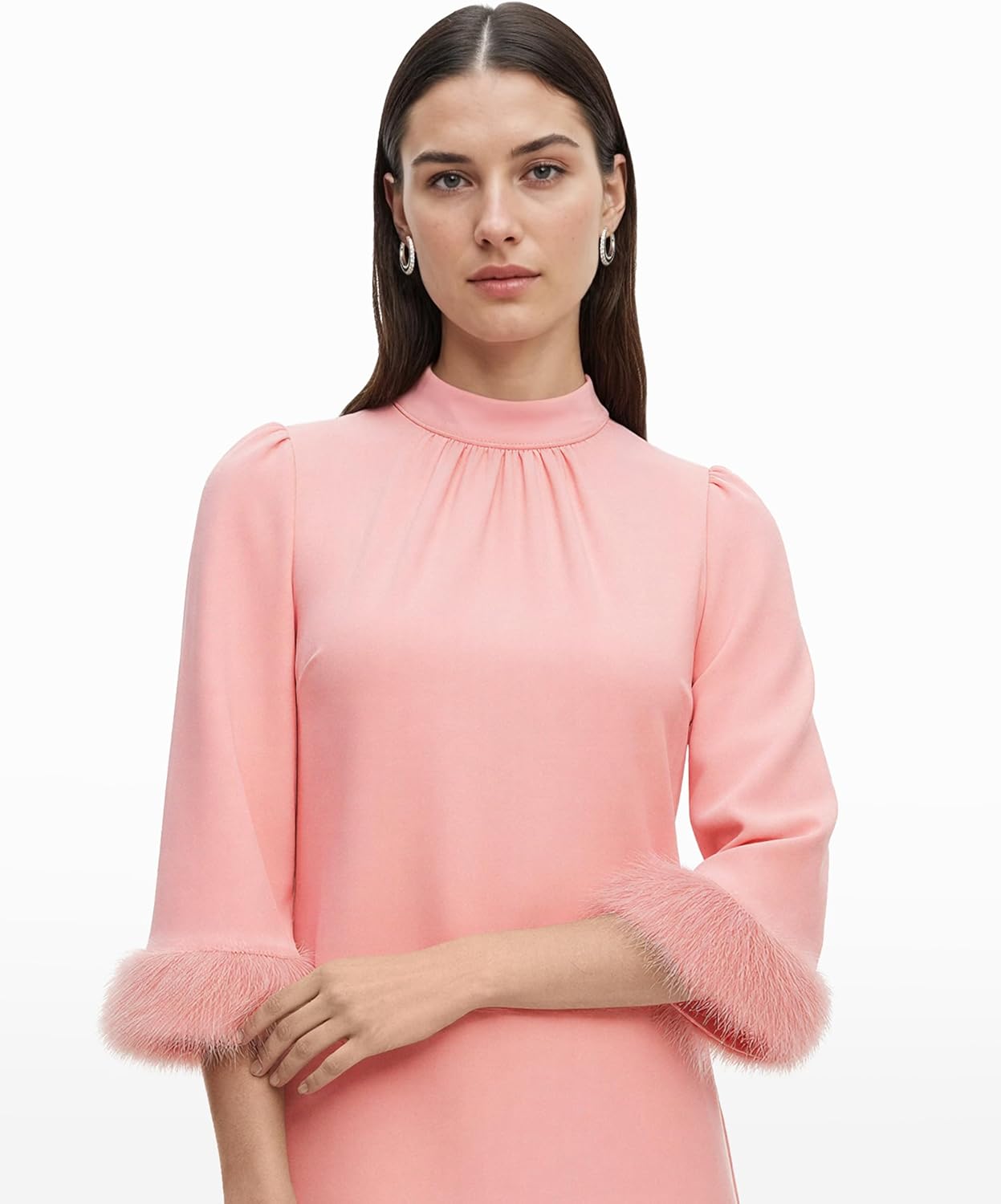 Anne Klein Womens Long Sleeve Feather Trim Shift Dress