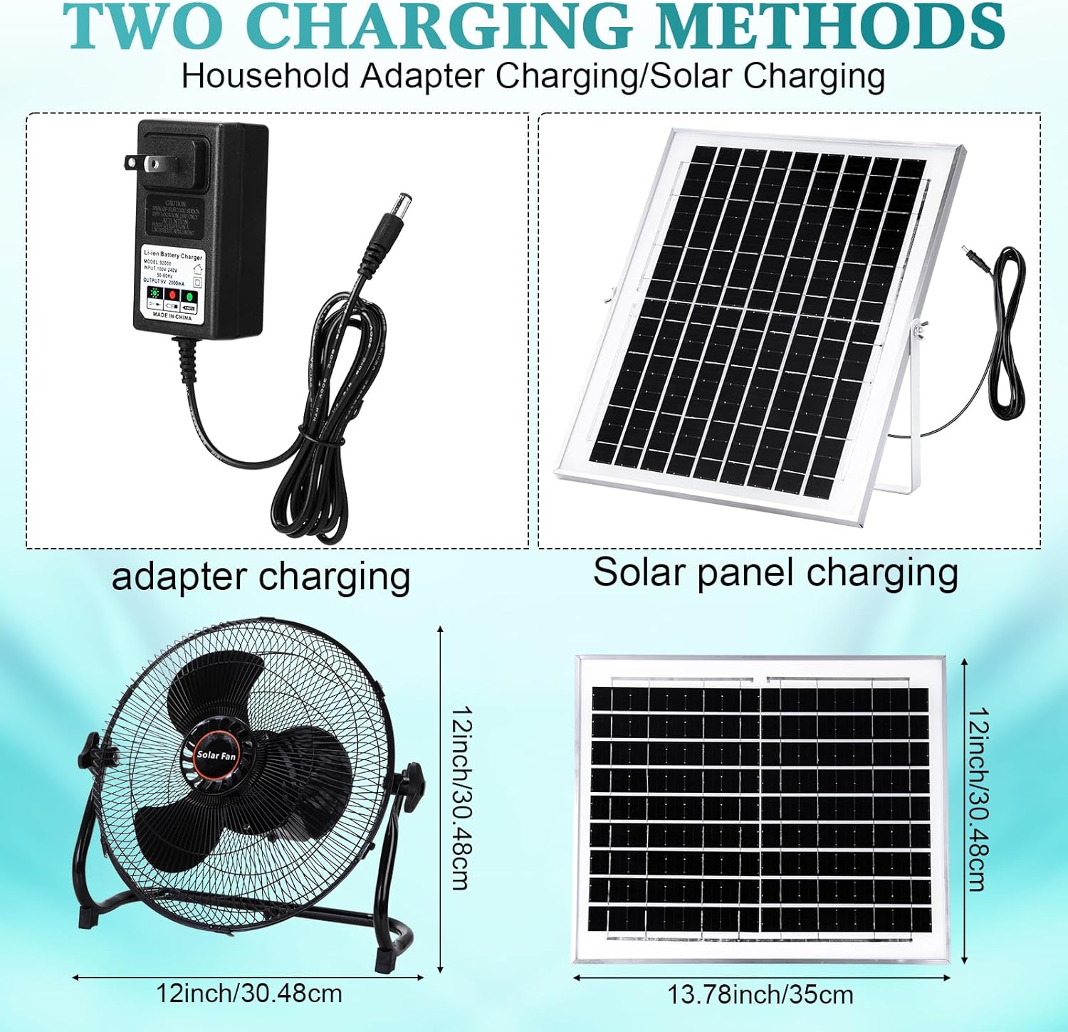 15000Mah 12 Inch Solar Panel Powered Fan, 2 in 1 Solar Panel or AC Charger Powered Fan 12W 9V Portable for Chicken Coop Greenhouse Household Exhaust Camping Travel Outdoor(Black)