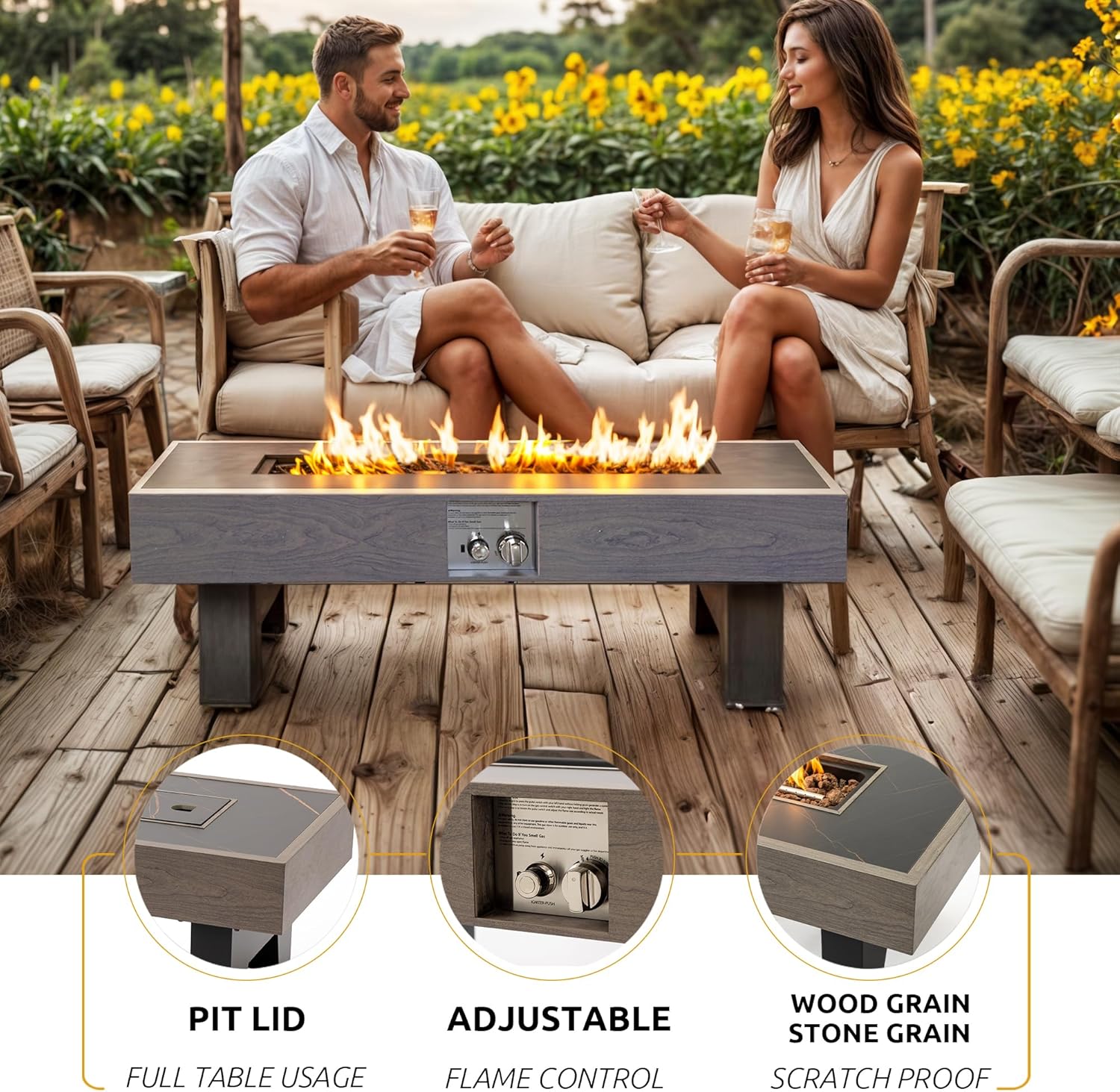 Propane Fire Pit,Outdoor Gas Fire Pit Table with Rain Cover,Rectangular Heater for Patio, Backyard, Deck,50,000BTU Outdoor Modern Patio Fire Pit (Wood)