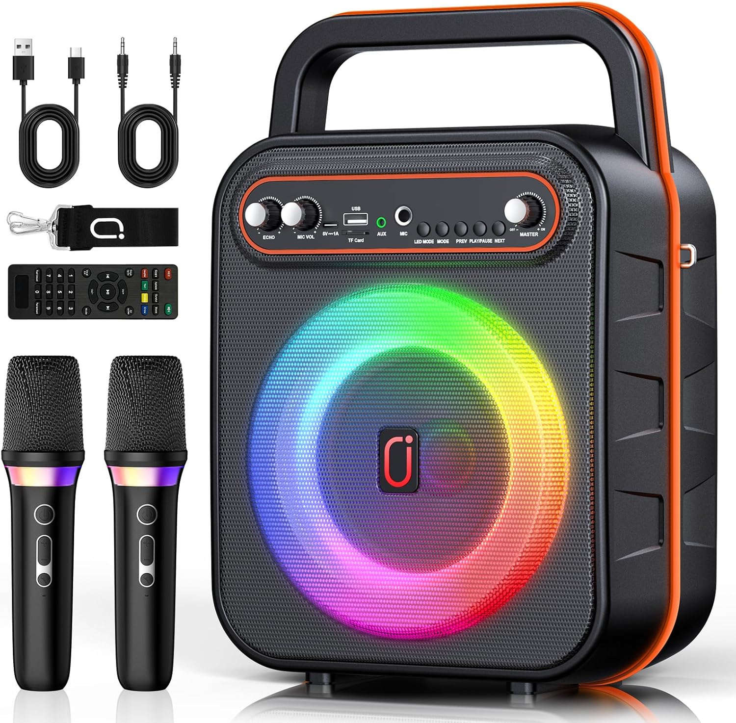 JYX Karaoke Machine for Adults & Kids, Portable Bluetooth Speaker with 2 Wireless Microphones, PA System Treble & Bass with LED Lights, Supports USB/AUX/TF/FM/REC for Home Party Outdoors