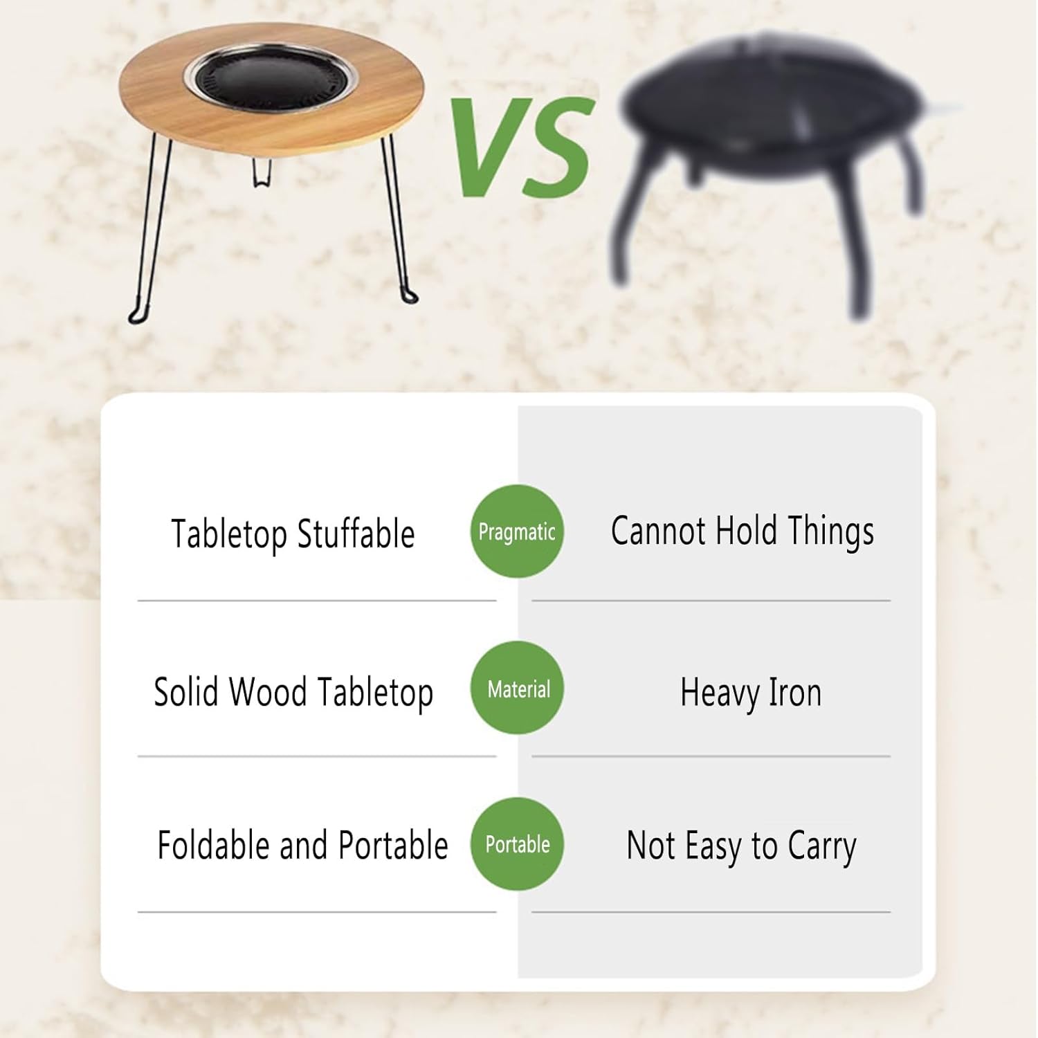 Small Outdoor Fire Pit Folding Table, Portable Fire Pit Wood Burning with Round Wood Tabletop, Lightweight Firepits for Outside Bonfire and Picnic