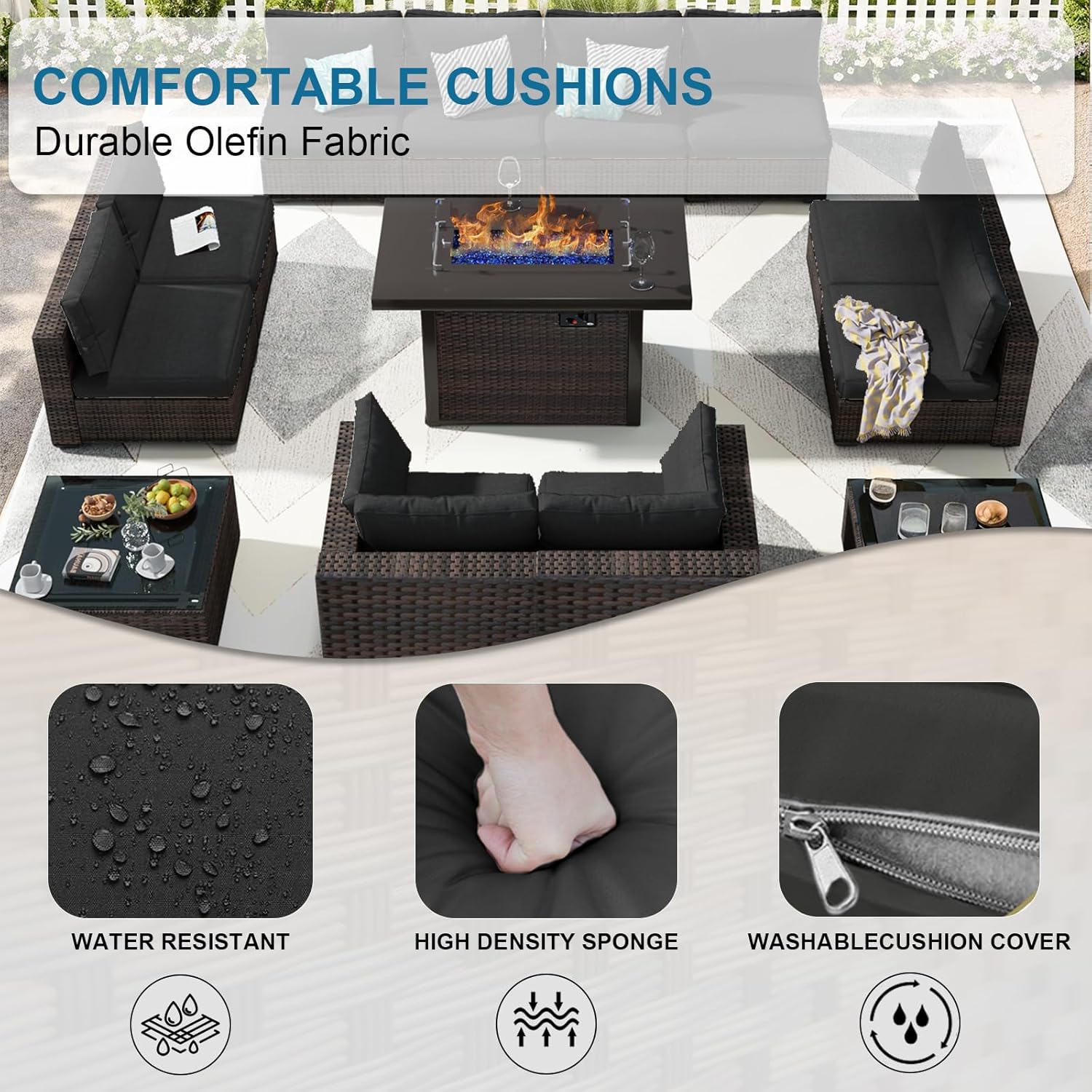 Grezone Outdoor Patio Furniture Set with Fire Pit Table, 13 Pieces Outdoor Furniture Set Patio Sectional Sofa w/42in Propane Fire Pit, PE Wicker Rattan Patio Conversation Sets - Black