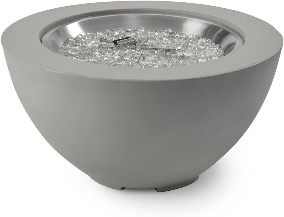 Outdoor GreatRoom Co Propane Fire Pit Table - Cove Gas Fire Pits for Outside Patio - 29 Inch Round Bowl Concrete Firepit Fire Table with Glass Tabletop Cover, Tempered Clear Glass Gems, 80,000 BTU