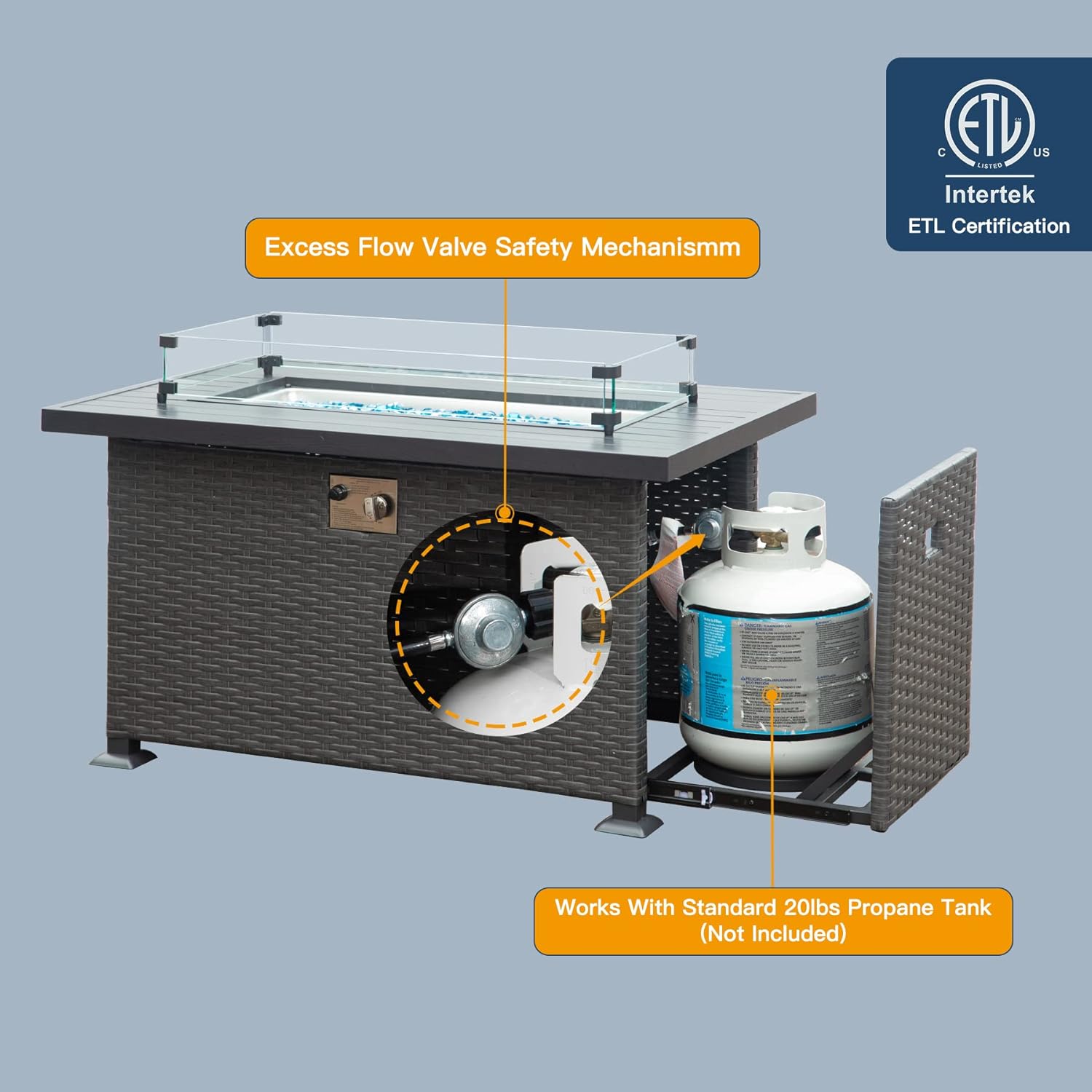 Domi 43.3 Inch Fire Pit Table with Glass Wind Guard, 50,000 BTU Smokeless Fire Pits for Outside with Aluminum Tabletop, Outdoor Wicker Gas Fire Pits for Patio