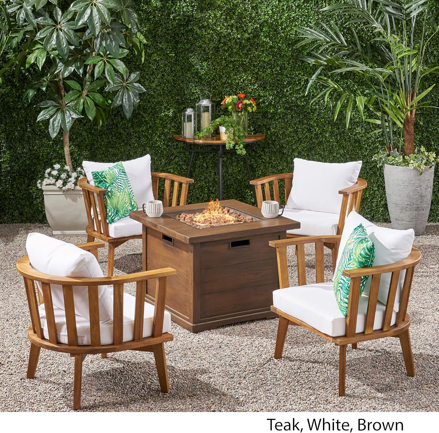 GDFStudio Noble House Walson 5 Piece Outdoor Fire Pit Wood Conversation Set in Teak