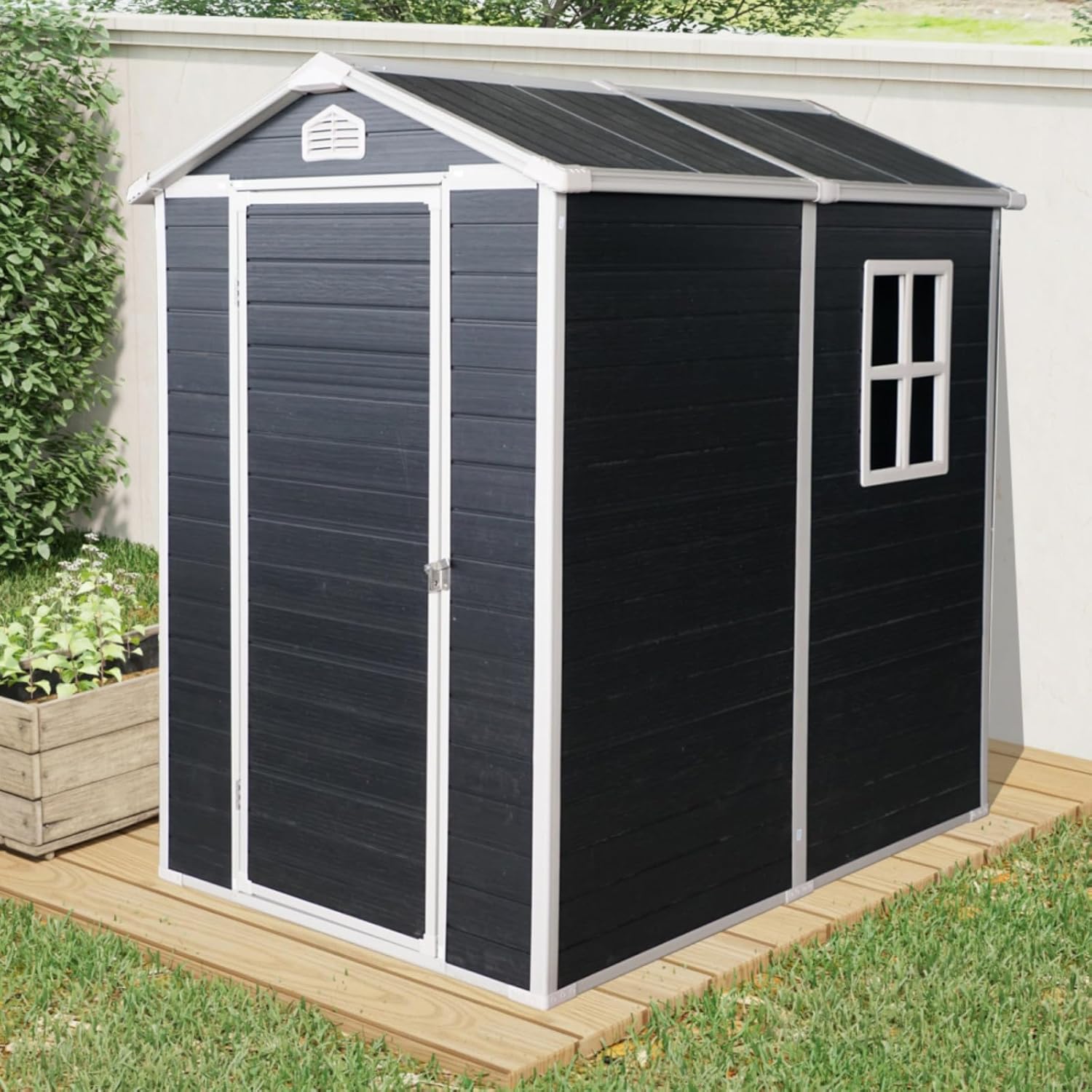 Outdoor Plastic Storage Shed with Floor & Window for Garden & Backyard, Patio, Lawn, Multifunction Garden Tool House with Pad-Lockable Single Door and Vents, Black (4FT * 6FT Black)