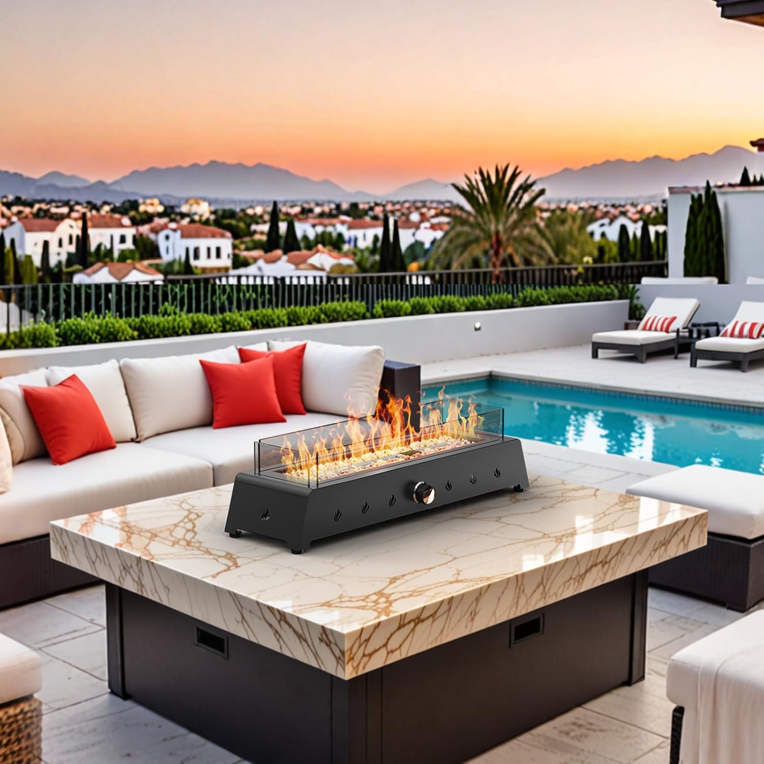 28'' Tabletop Fire Pit Table, 40,000 BTU Propane Fire Pit with Bottom Air Intake and Umbrella Hole, Outdoor Portable Fireplace Rectangular Fire Bowl w/Wind Glass Shield, Laval Rocks - Black