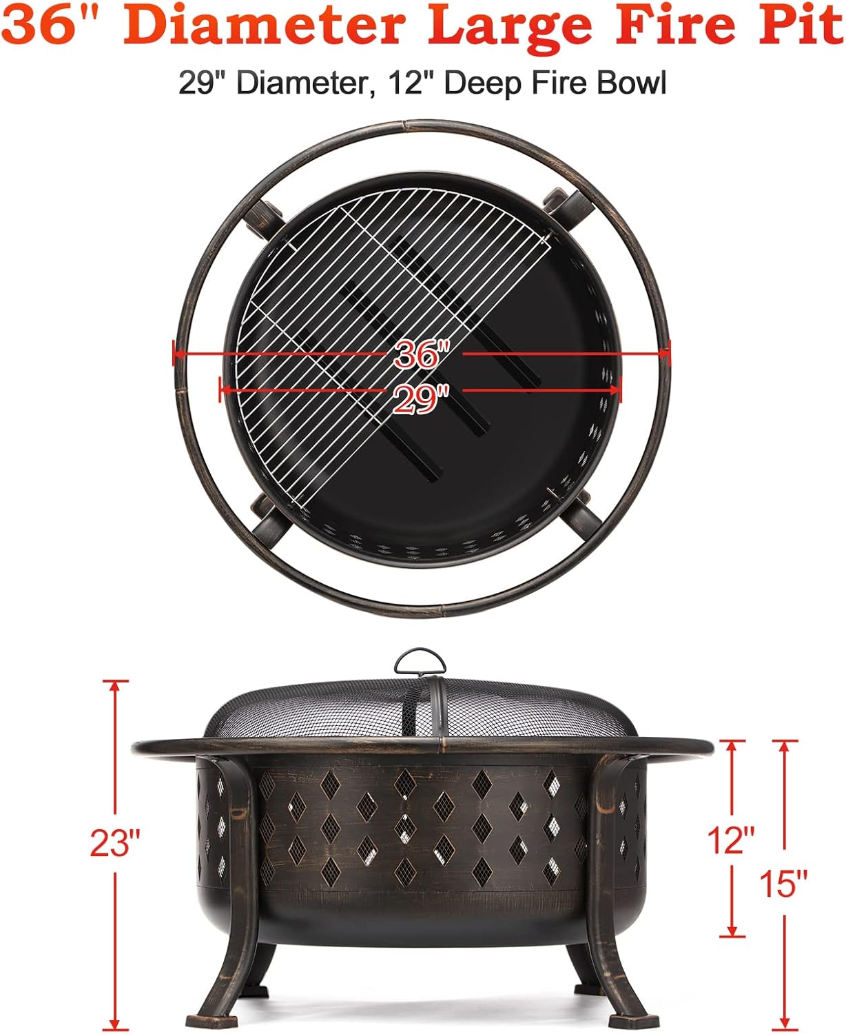 SINGLYFIRE 36 Inch Fire Pits for Outside Large Outdoor Wood Burning Crossweave firepit Heavy Duty Steel Bronze Bonfire Pit for Patio Backyard Garden with BBQ Grate,Spark Screen,Log Grate,Poker