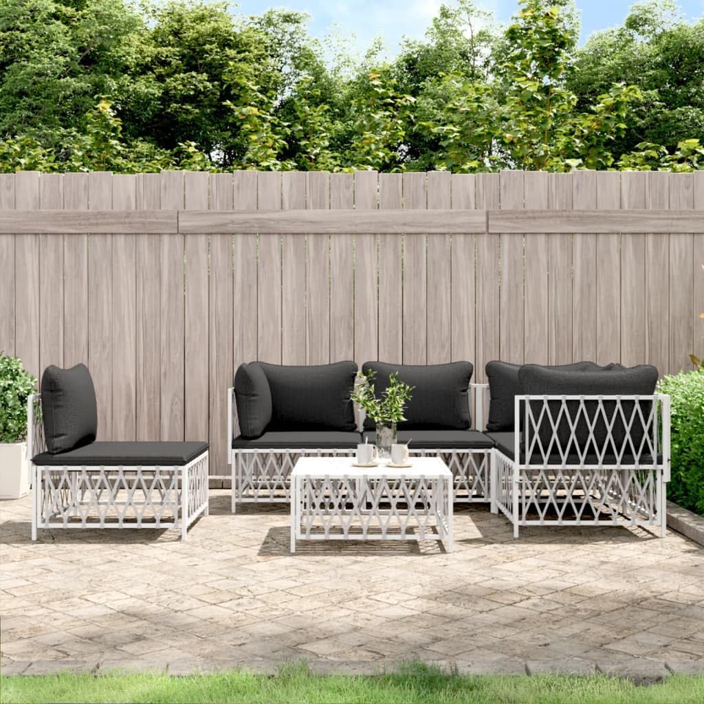 6 Piece Patio Lounge Set with Cushions White Steel,Comfortable Outdoor Patio Lounge Set with Woven Fabric and Sturdy Steel Frame Patio Furniture Sets, Outdoor Furniture Sets