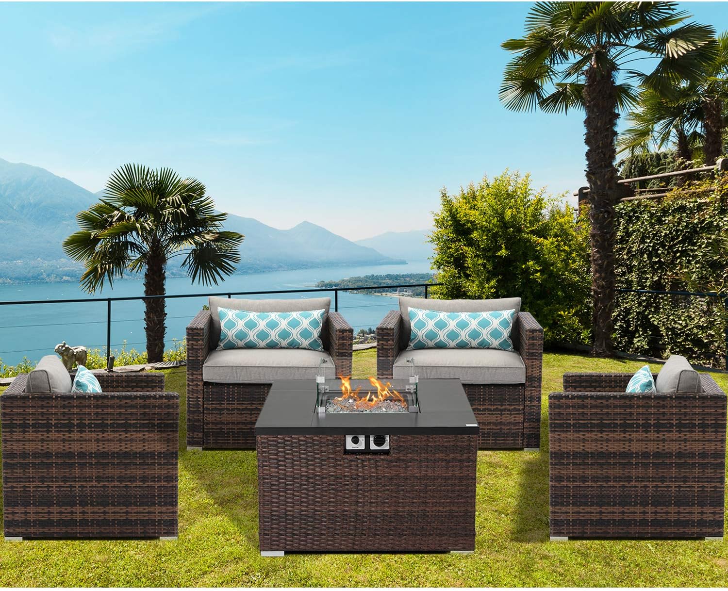 AQUILLA Outdoor 5 Pieces Patio Furniture, 32-inch 40000 BTU Square Wicker Fire Table w Wind Guard Glass for Garden