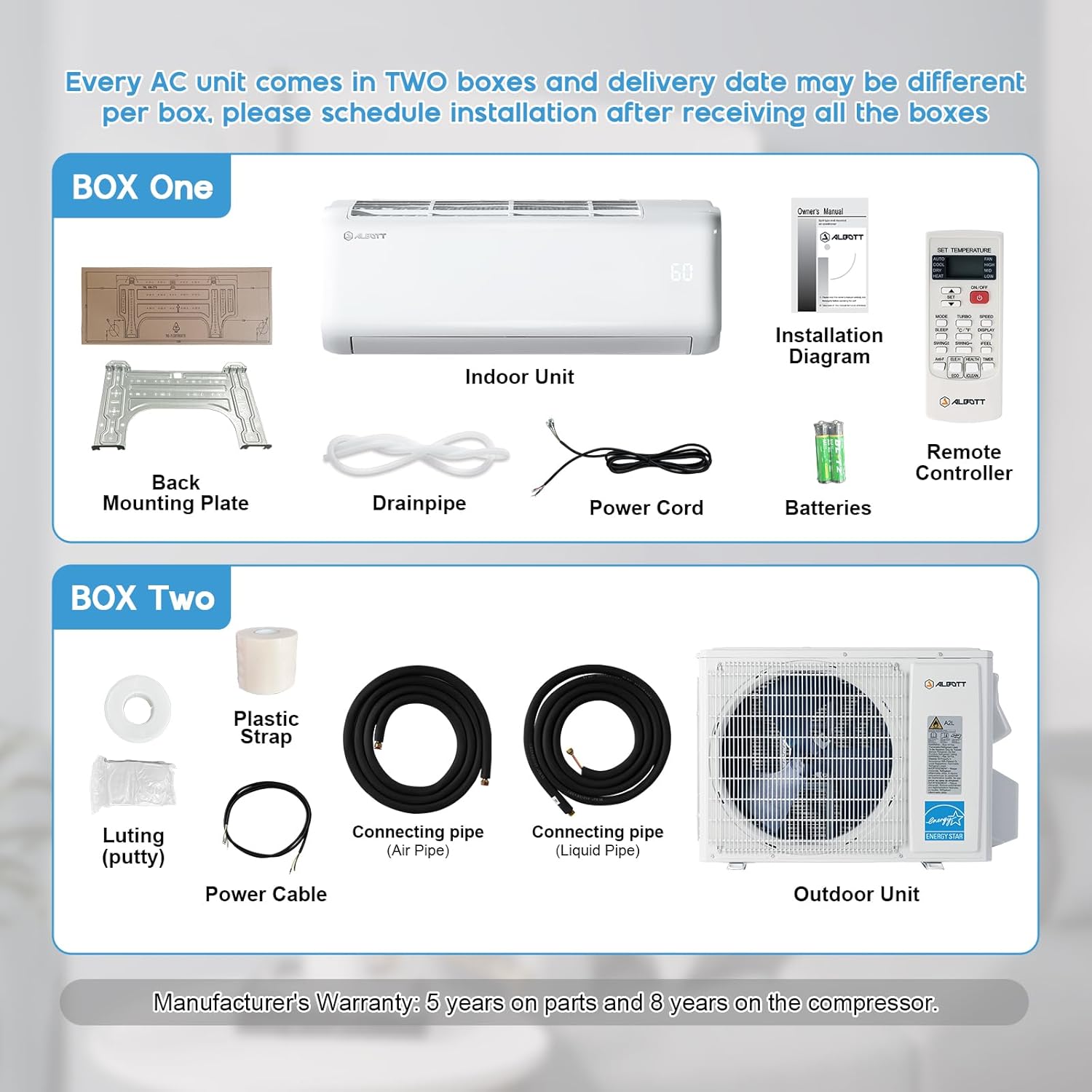 Albott Mini Split Air Conditioner Heat Pump, 12000 BTU 22 SEER2 115V, Energy Star, Remote Control for Rooms up to 450 Sq.Ft, Wall Ac Unit with 14.8ft Installation Kit, White