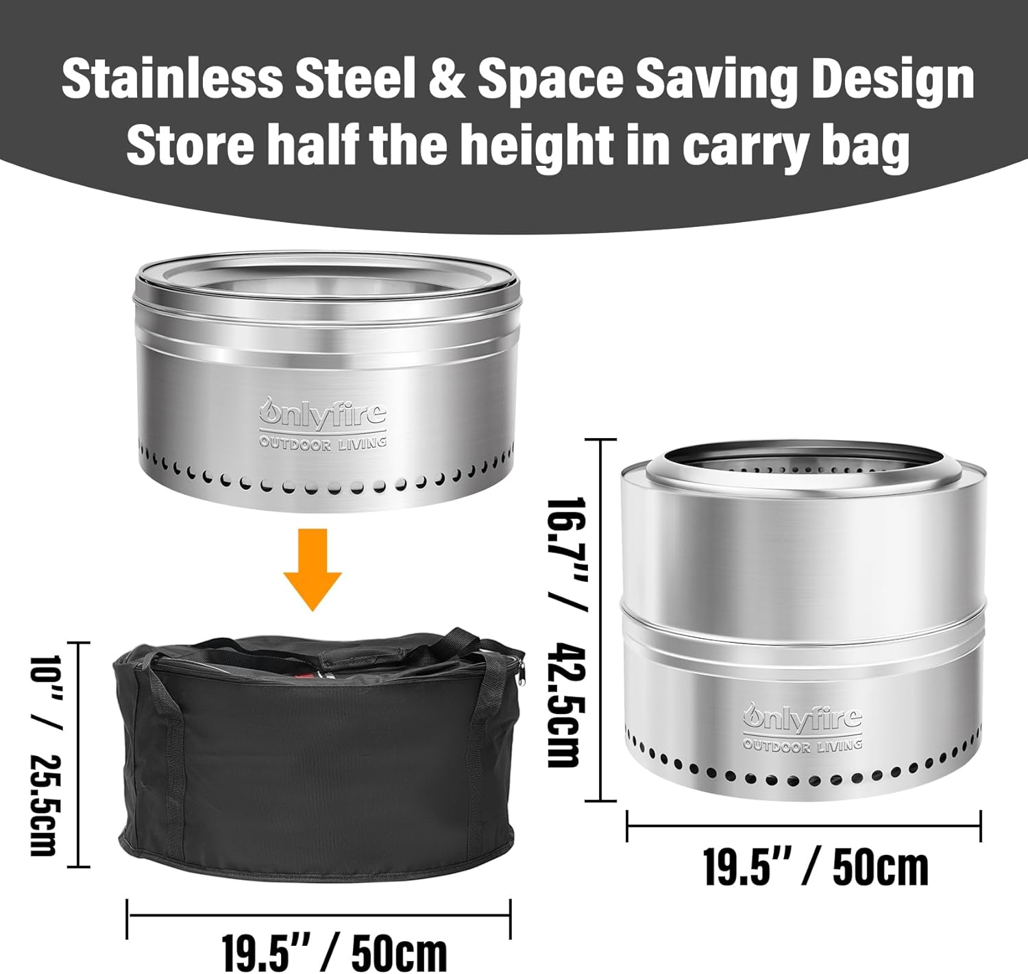 ONLYFIRE OUTDOOR LIVING Wood Burning Fire Pit with Carrying Bag, 19.5” Detachable Portable Firepit for Camping Tailgating Patio Backyard Bonfire, Smokeless Fireplace, Stainless Steel FP036