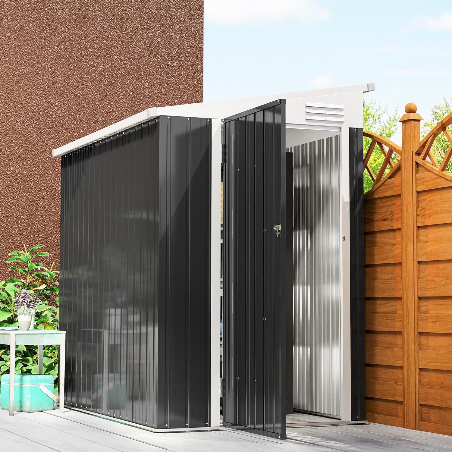 Outsunny 4' x 6' Metal Outdoor Storage Shed, Lean to Storage Shed, Garden Tool Storage House with Lockable Door and 2 Air Vents for Backyard, Patio, Lawn, Dark Gray