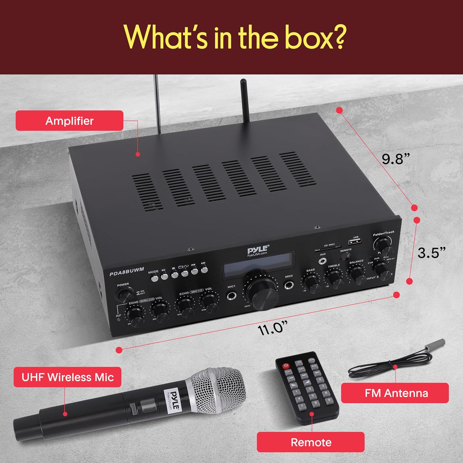 Pyle Wireless Microphone Bluetooth Amplifier-200W Peak Power Dual Channel Stereo Audio Receiver w/USB,AUX in, Dual Mic Inputs w/Echo Control,RCA Input, For Karaoke,Home Theater,Music Studio- PDA8BUWM