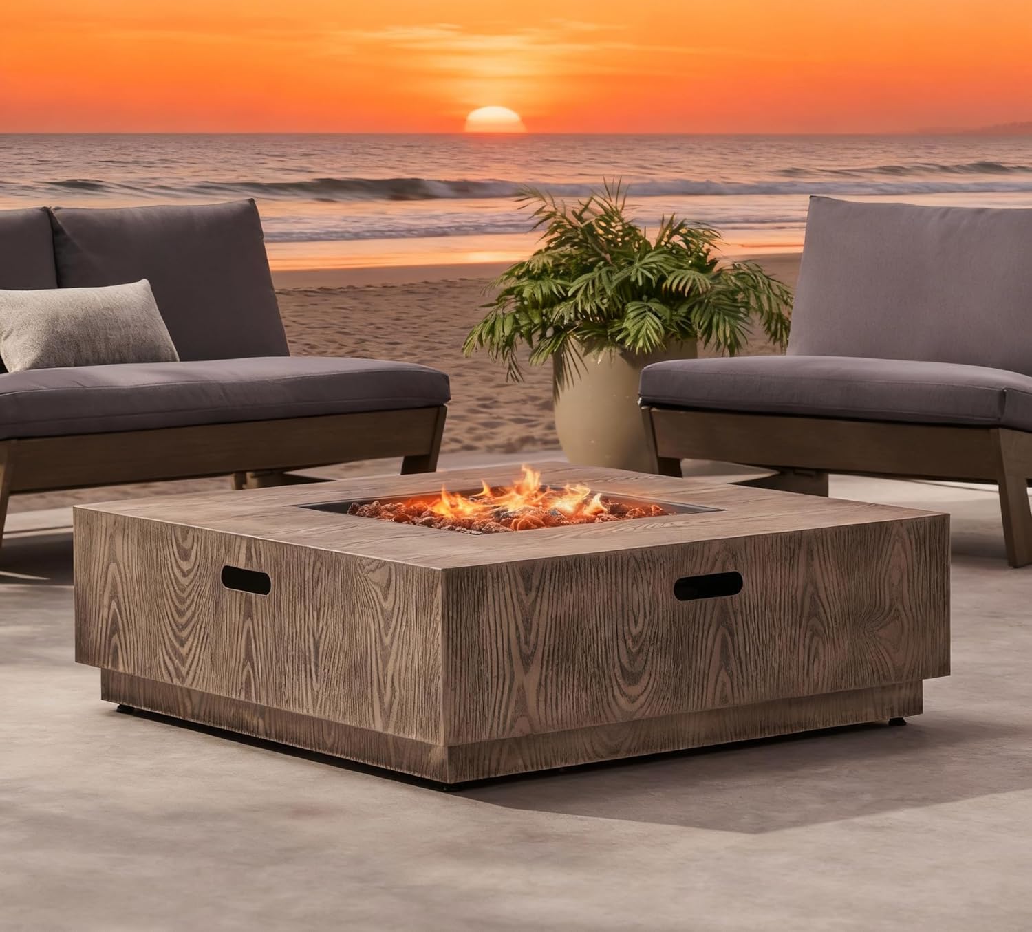 Square Propane Fire Pit Table, 50,000 BTU Outdoor Iron Fire Pit with Wood Pattern, 39 Inch Large Fire Pit for Patio Backyard Garden, Rustic Design for Outdoor & Indoor Gatherings, Only Table - 650K