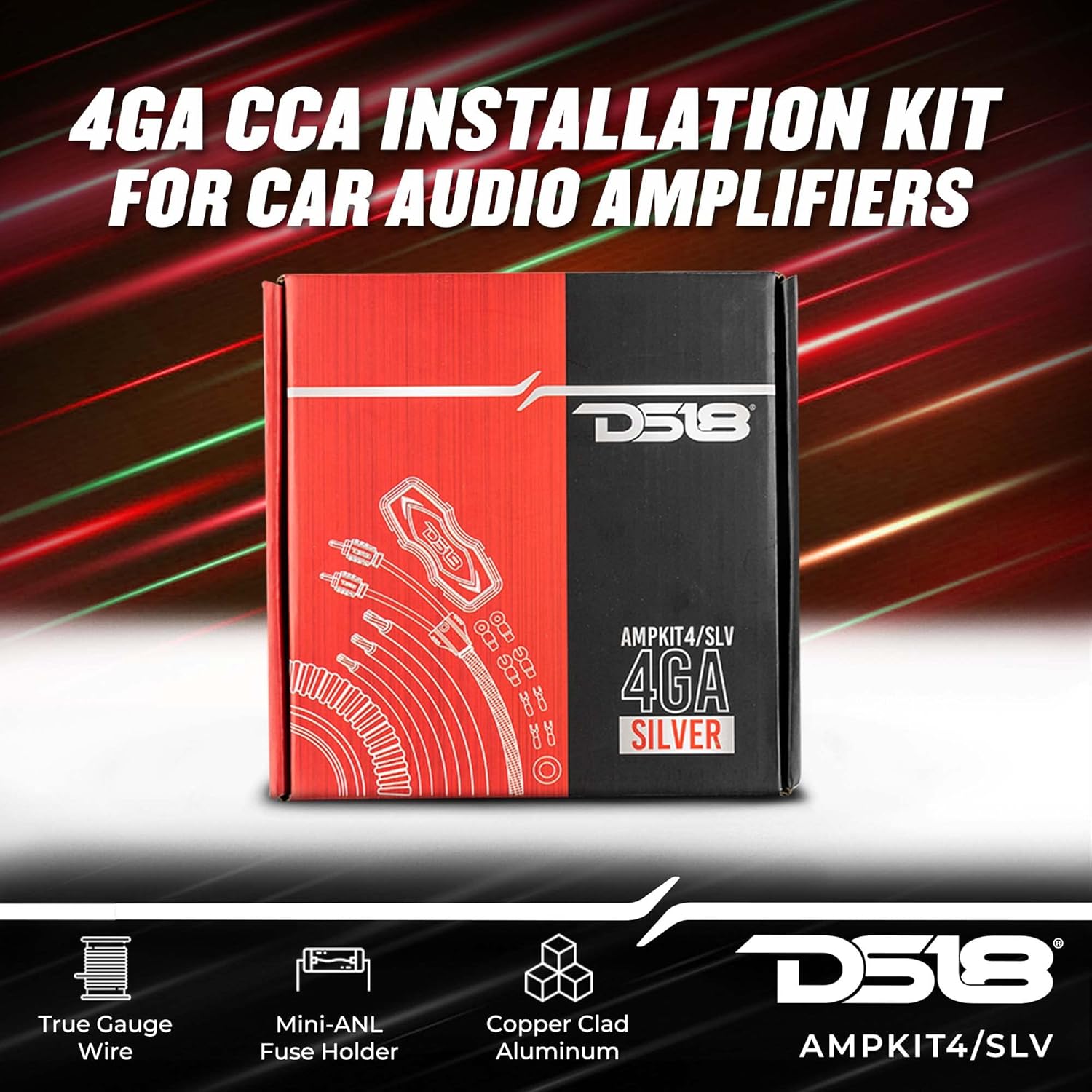 DS18 Car Audio Installation Cables Bundle - AMPKIT 4GA Amplifier Wiring Kit Amp, 100ft Speaker Wire CCA 16GA and 2X RCA Ultra Flex 2-Male to 2-Male 3ft - Superior Sound Quality for Your Stereo System